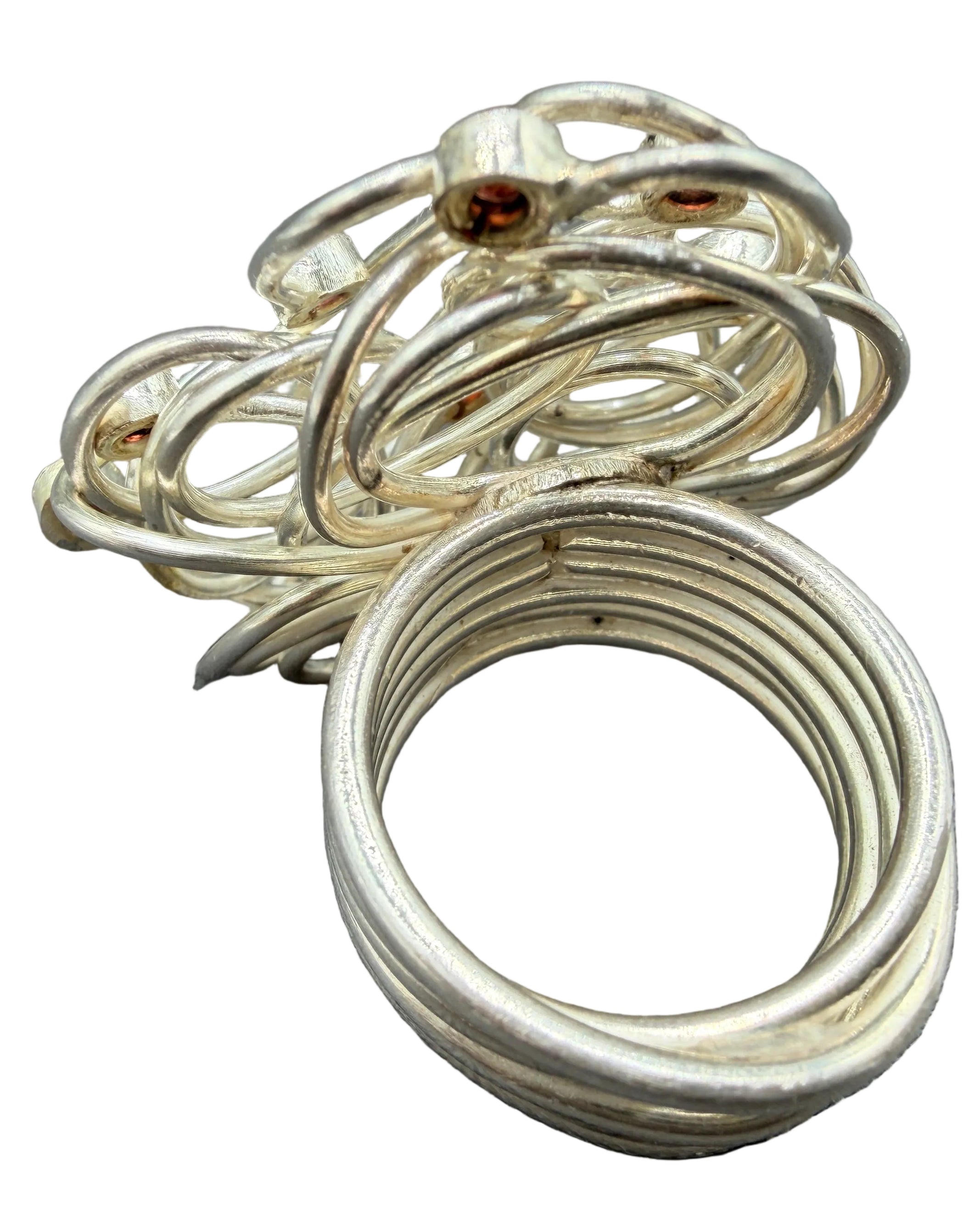 1970s Sterling Silver Wire Nest Ring with Ten Red Tourmalines