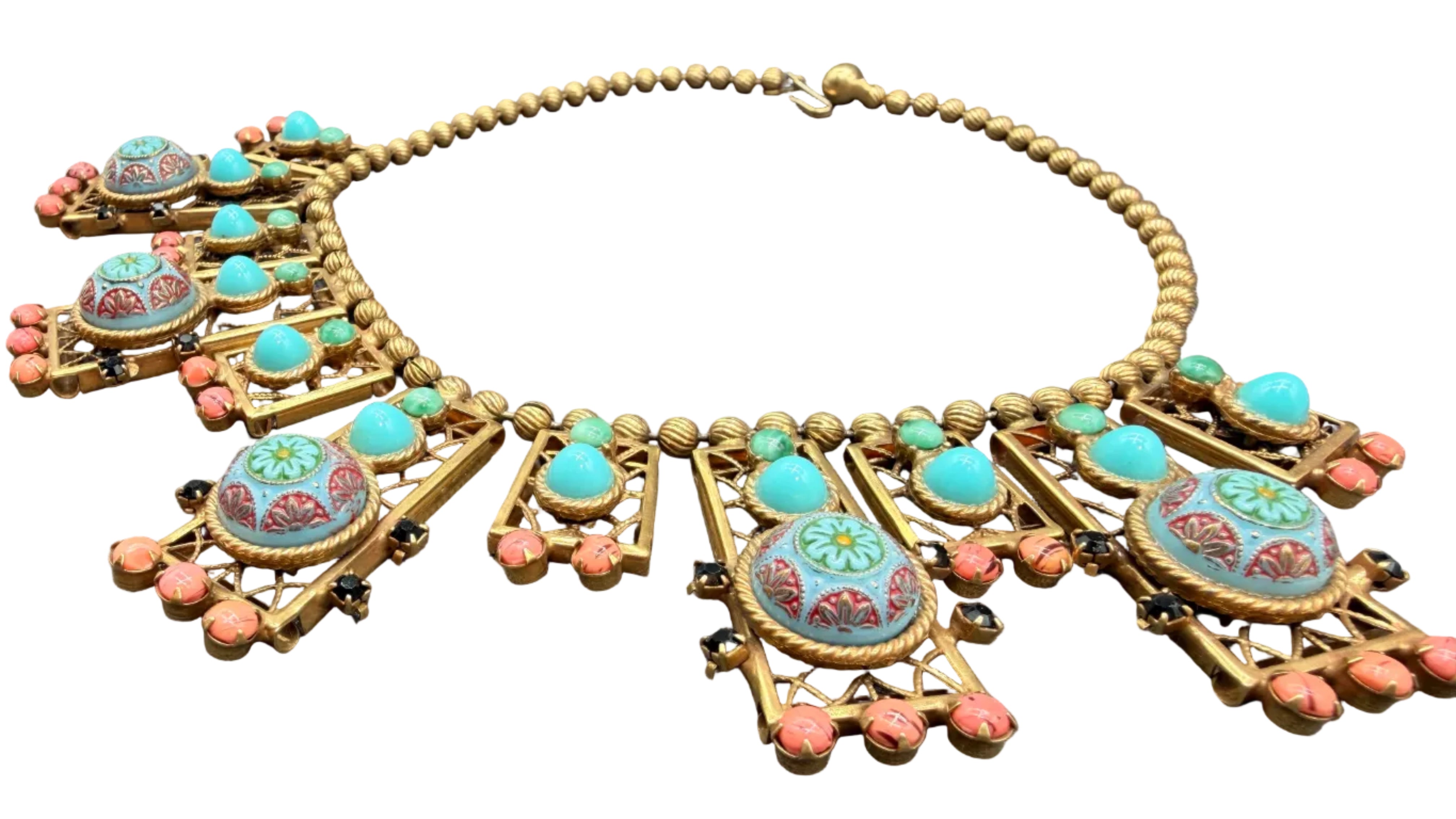 Rare 1970s Juliana by DeLizza & Elster "Moroccan Matrix" Bib Necklace with Turquoise &amp; Coral Beads