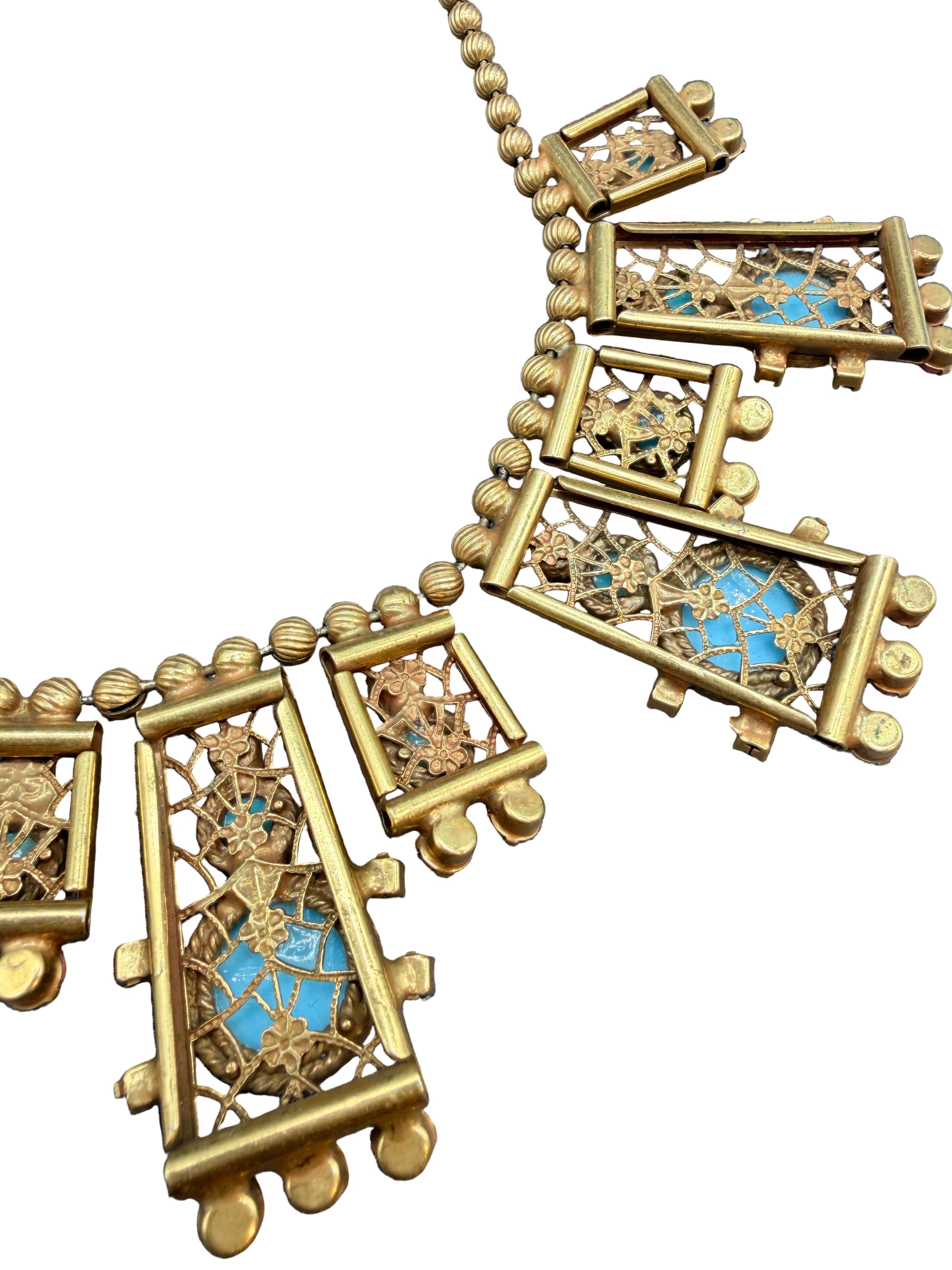 Rare 1970s Juliana by DeLizza & Elster "Moroccan Matrix" Bib Necklace with Turquoise &amp; Coral Beads