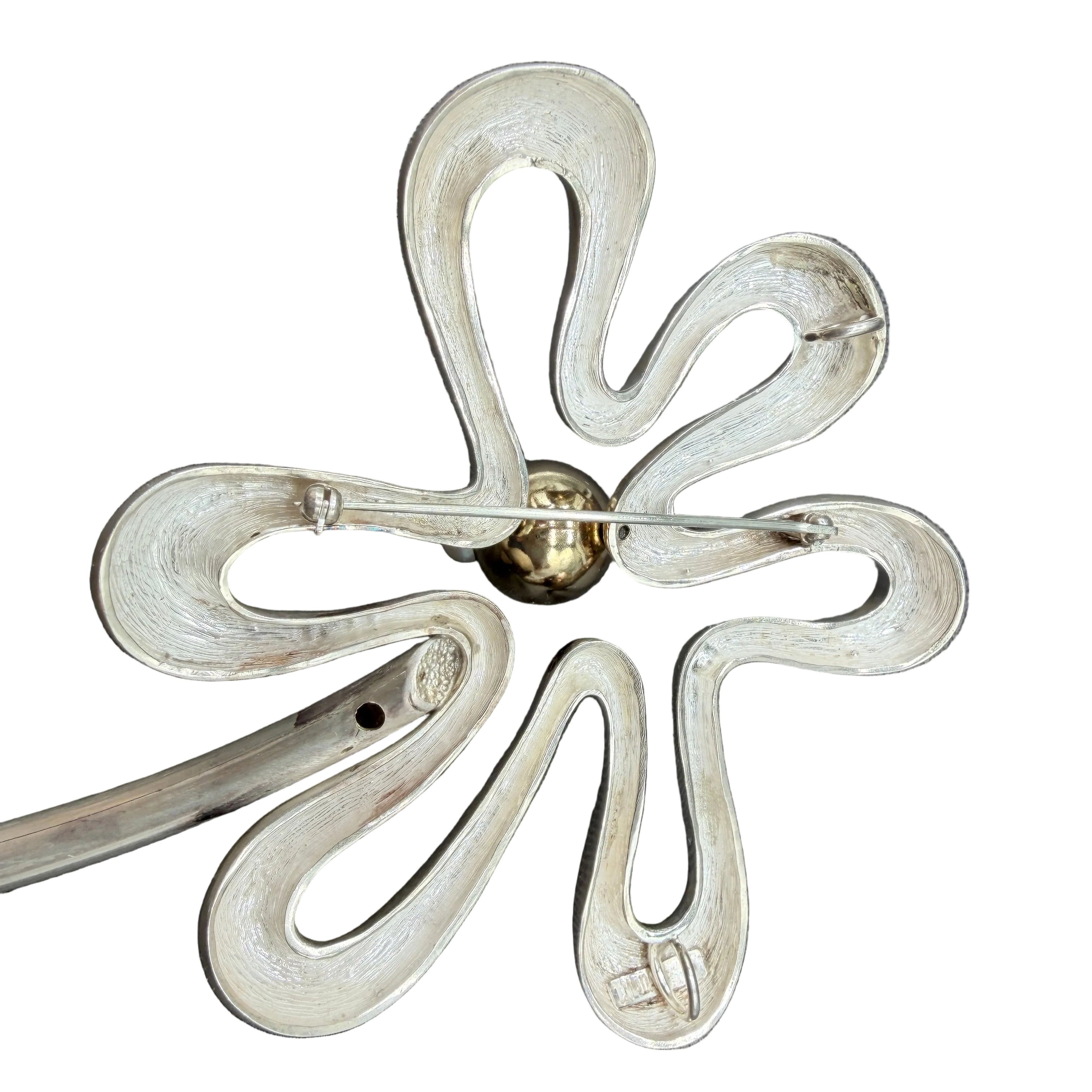 1980s Takashi Wada Sterling Silver Sculptural Flower Brooch with Genuine Pearls