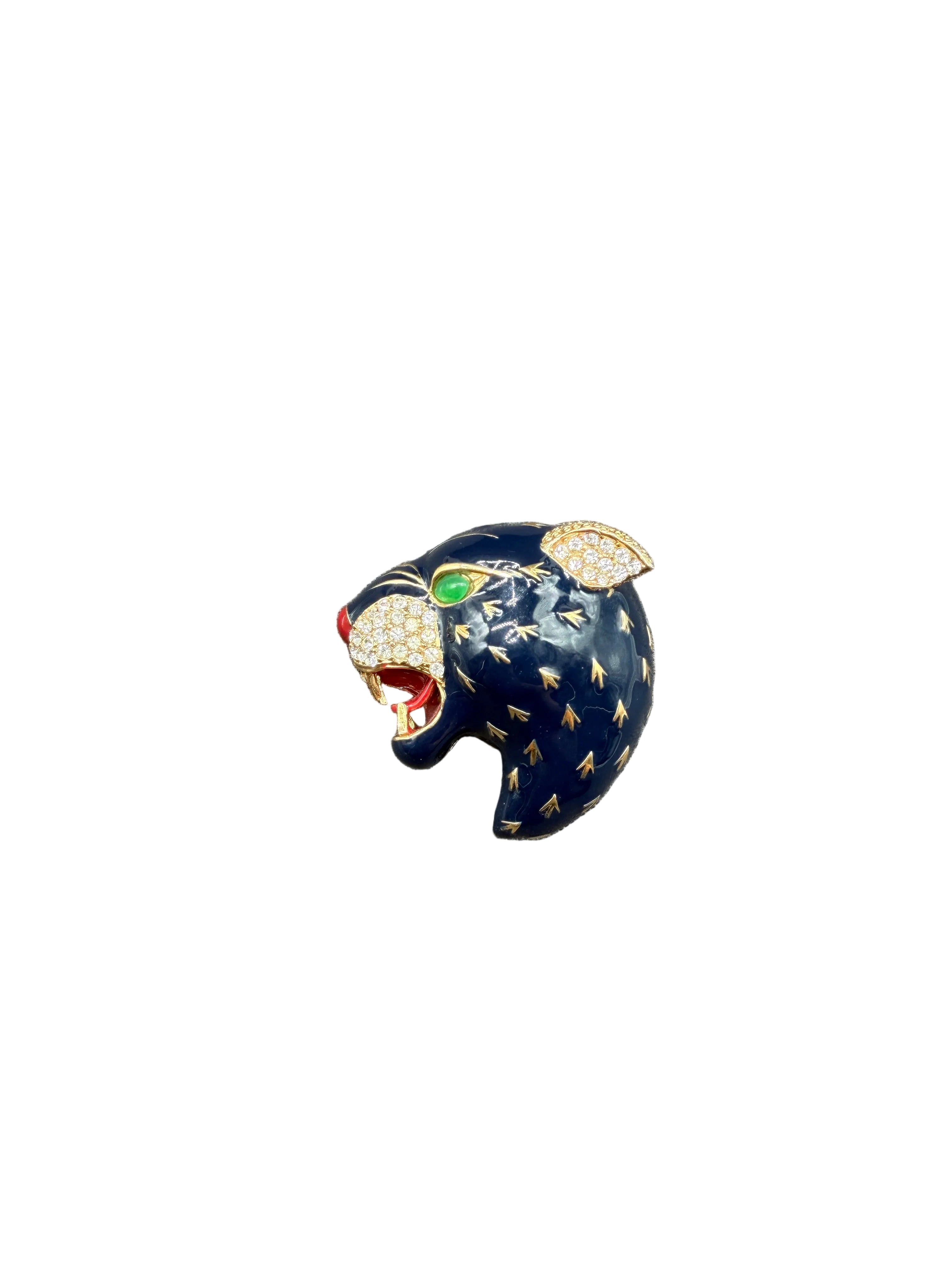 1980s Ciner Swarovski Crystal & Navy Blue Enamel Leopard Brooch