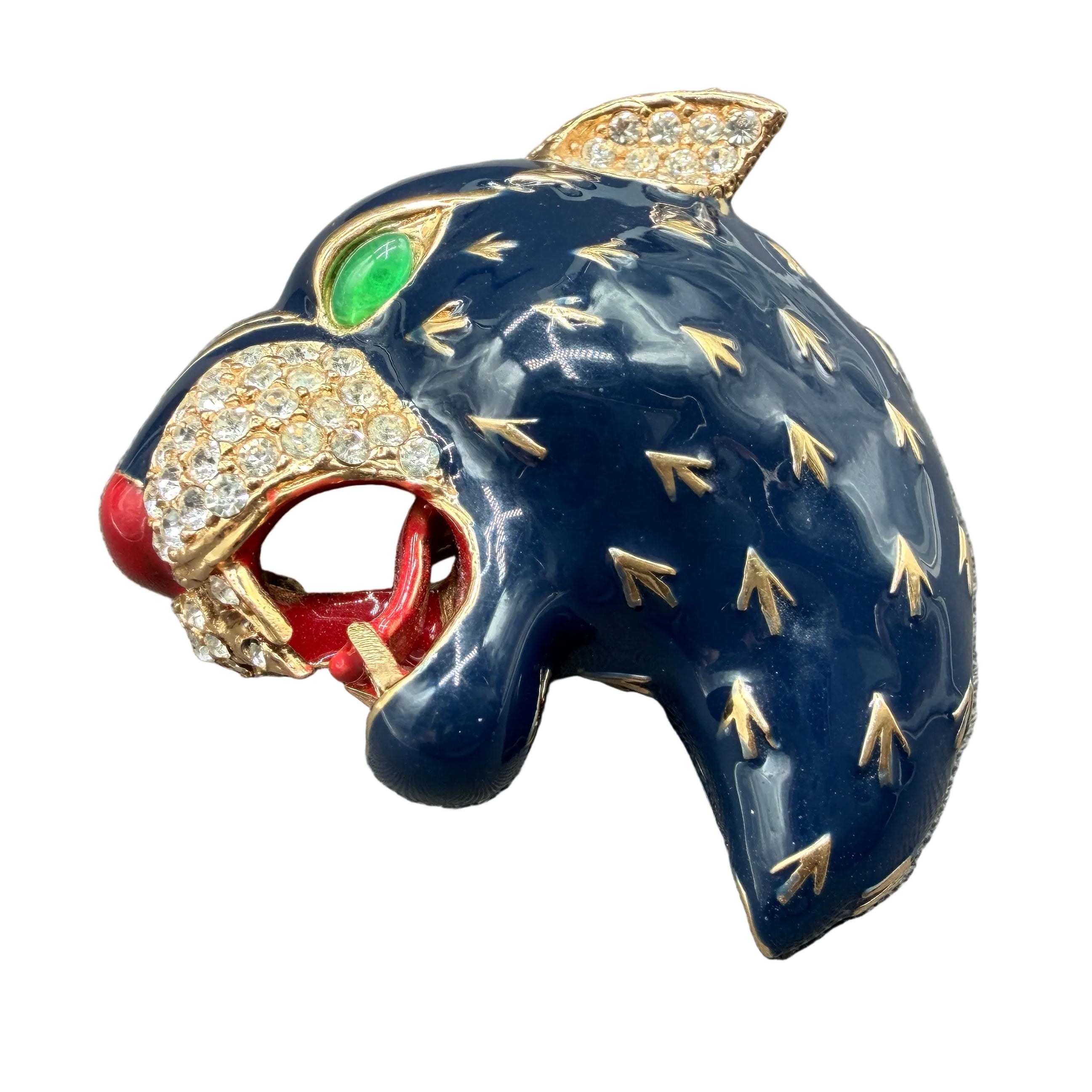 1980s Ciner Swarovski Crystal & Navy Blue Enamel Leopard Brooch