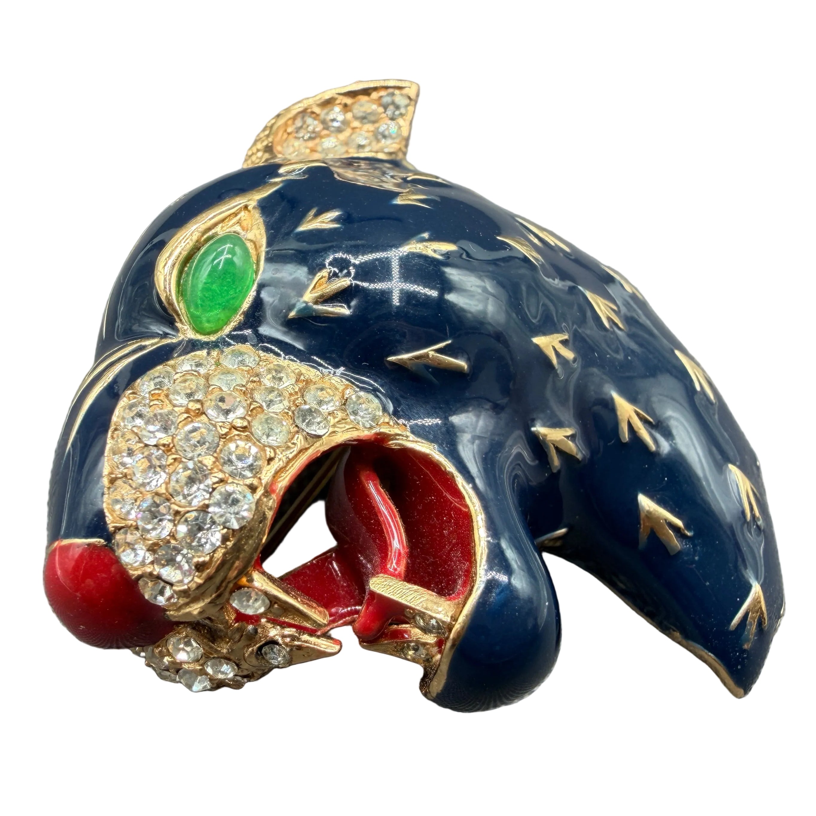 1980s Ciner Swarovski Crystal & Navy Blue Enamel Leopard Brooch