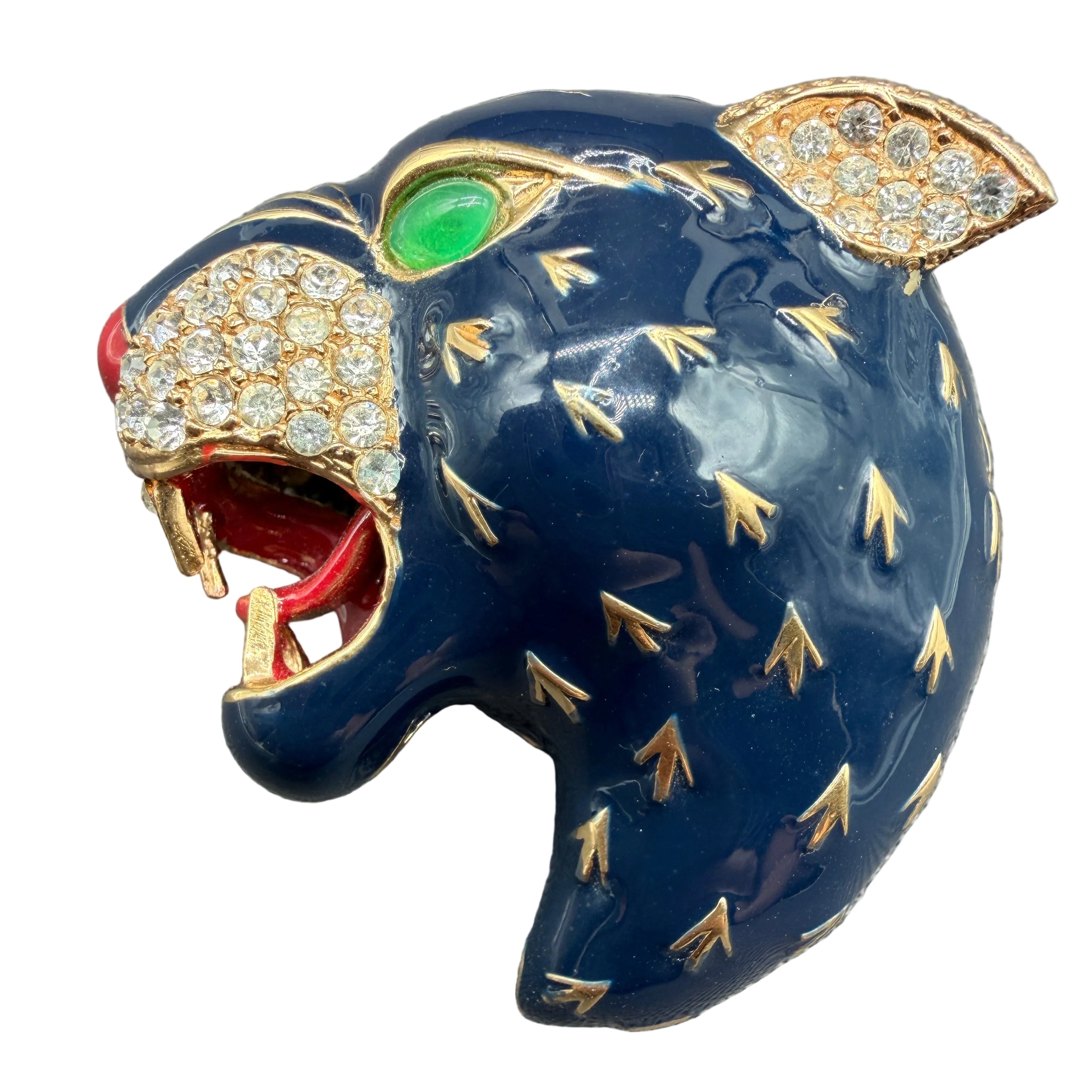 1980s Ciner Swarovski Crystal & Navy Blue Enamel Leopard Brooch