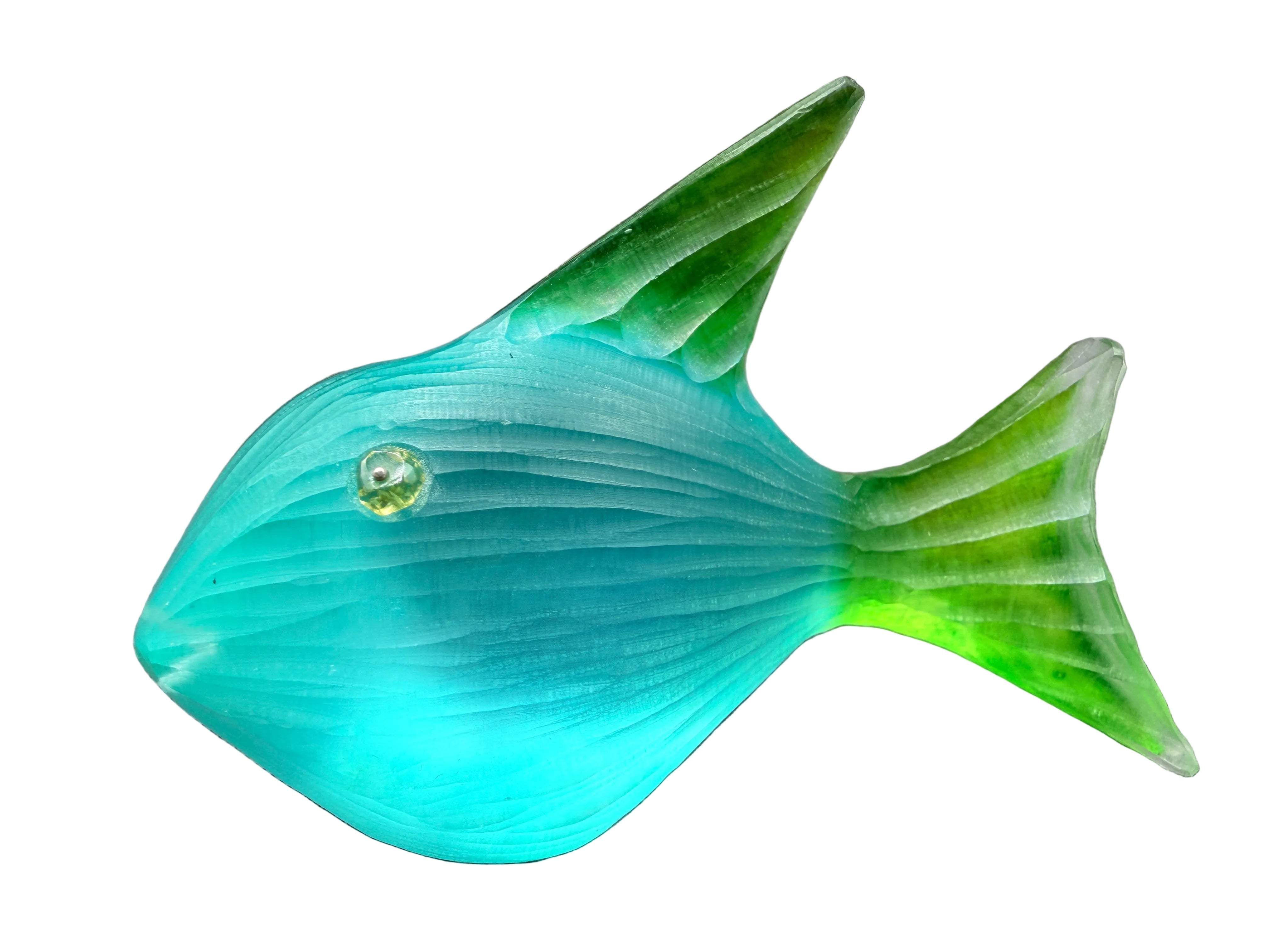 Rare Handmade Vintage Alexis Bittar Teal & Green Lucite Fish Brooch