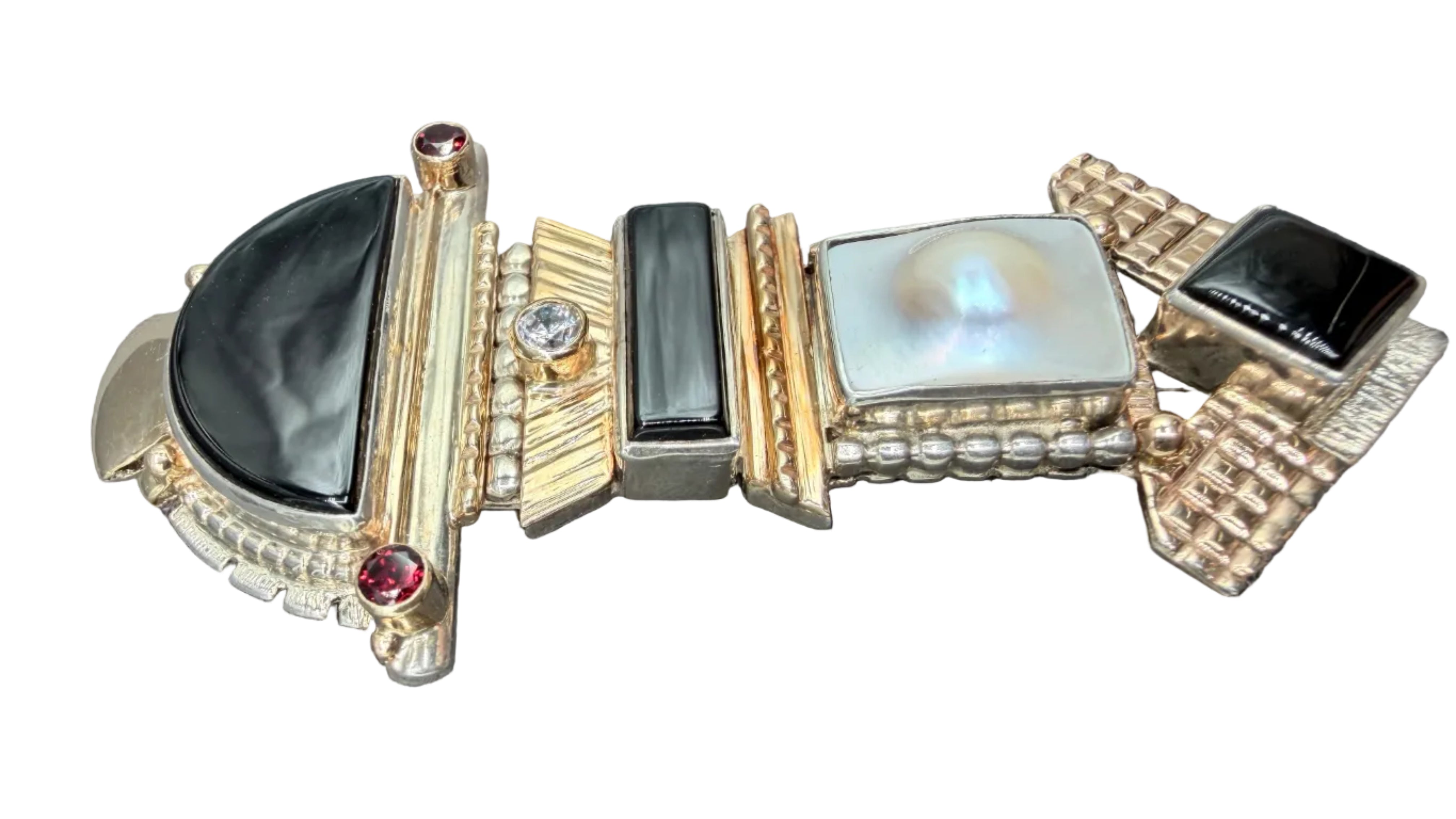 Art Deco Sterling Silver, 14K Gold, Onyx, Baroque Pearl, Garnet &amp; Quartz Brooch