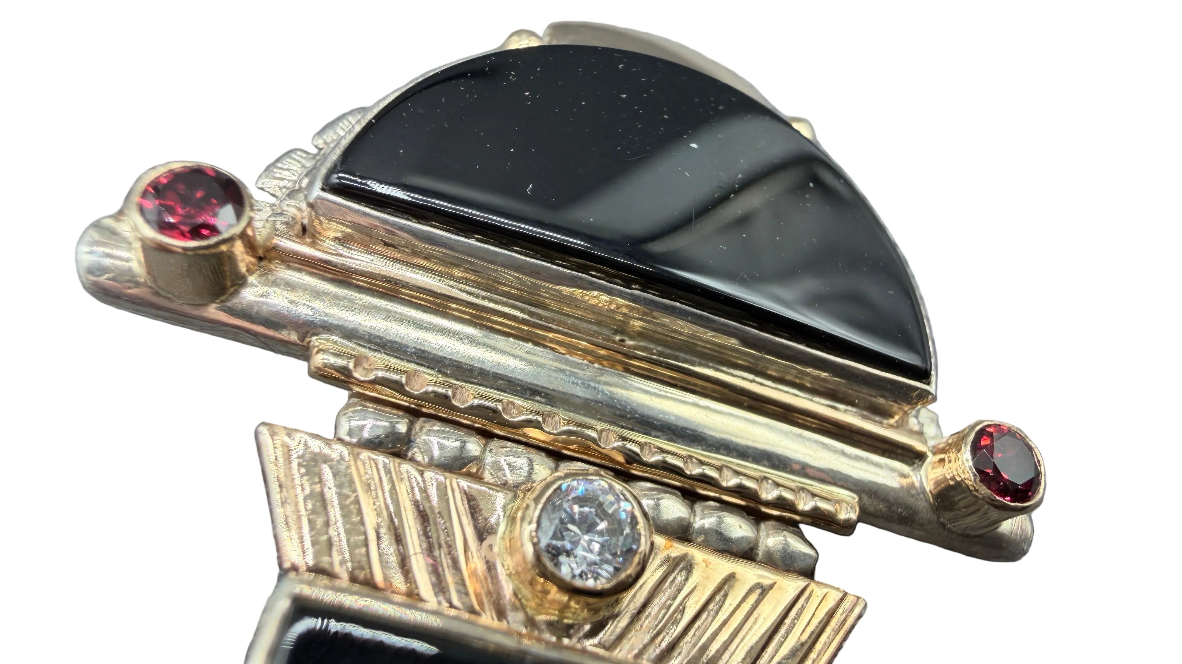 Art Deco Sterling Silver, 14K Gold, Onyx, Baroque Pearl, Garnet &amp; Quartz Brooch