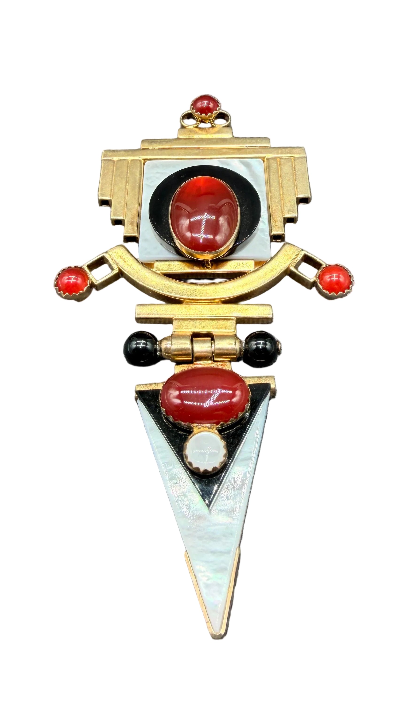 Tricia Young Vermeil Art Deco Revival Brooch/Pendant with Mother-of-Pearl, Carnelian & Onyx