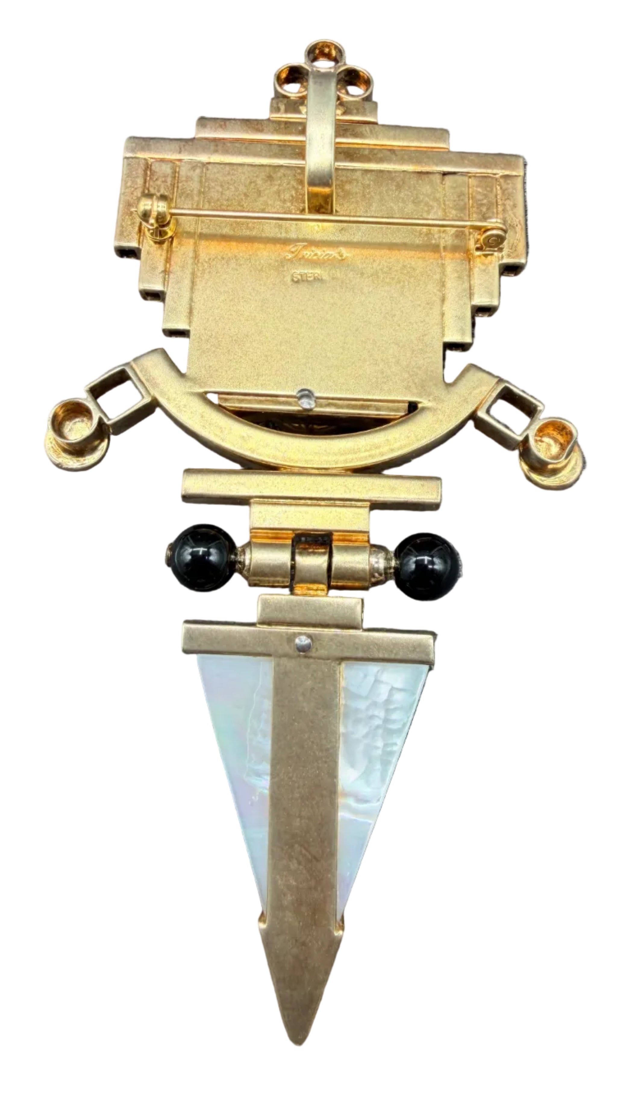 Tricia Young Vermeil Art Deco Revival Brooch/Pendant with Mother-of-Pearl, Carnelian & Onyx