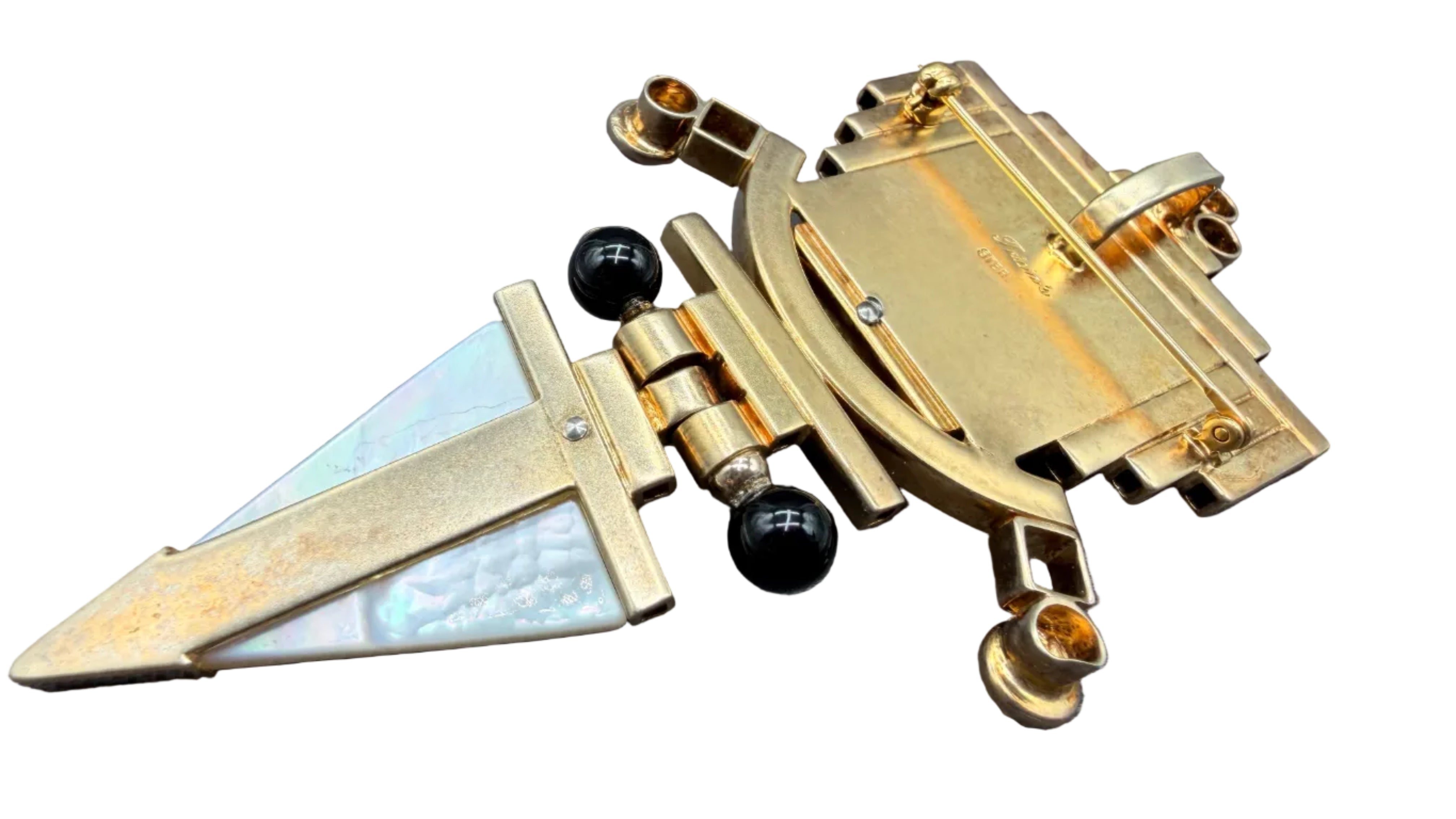 Tricia Young Vermeil Art Deco Revival Brooch/Pendant with Mother-of-Pearl, Carnelian & Onyx