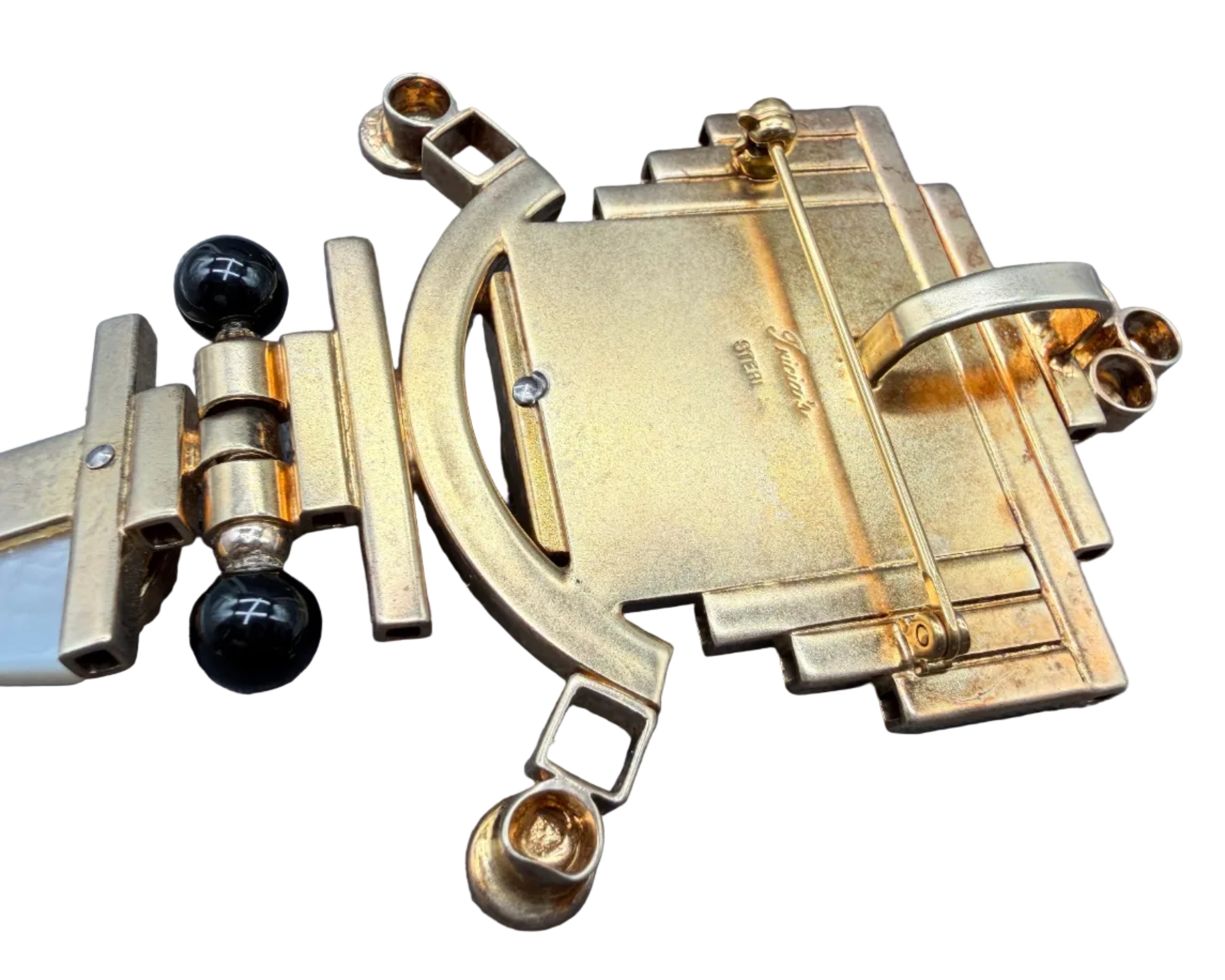 Tricia Young Vermeil Art Deco Revival Brooch/Pendant with Mother-of-Pearl, Carnelian & Onyx