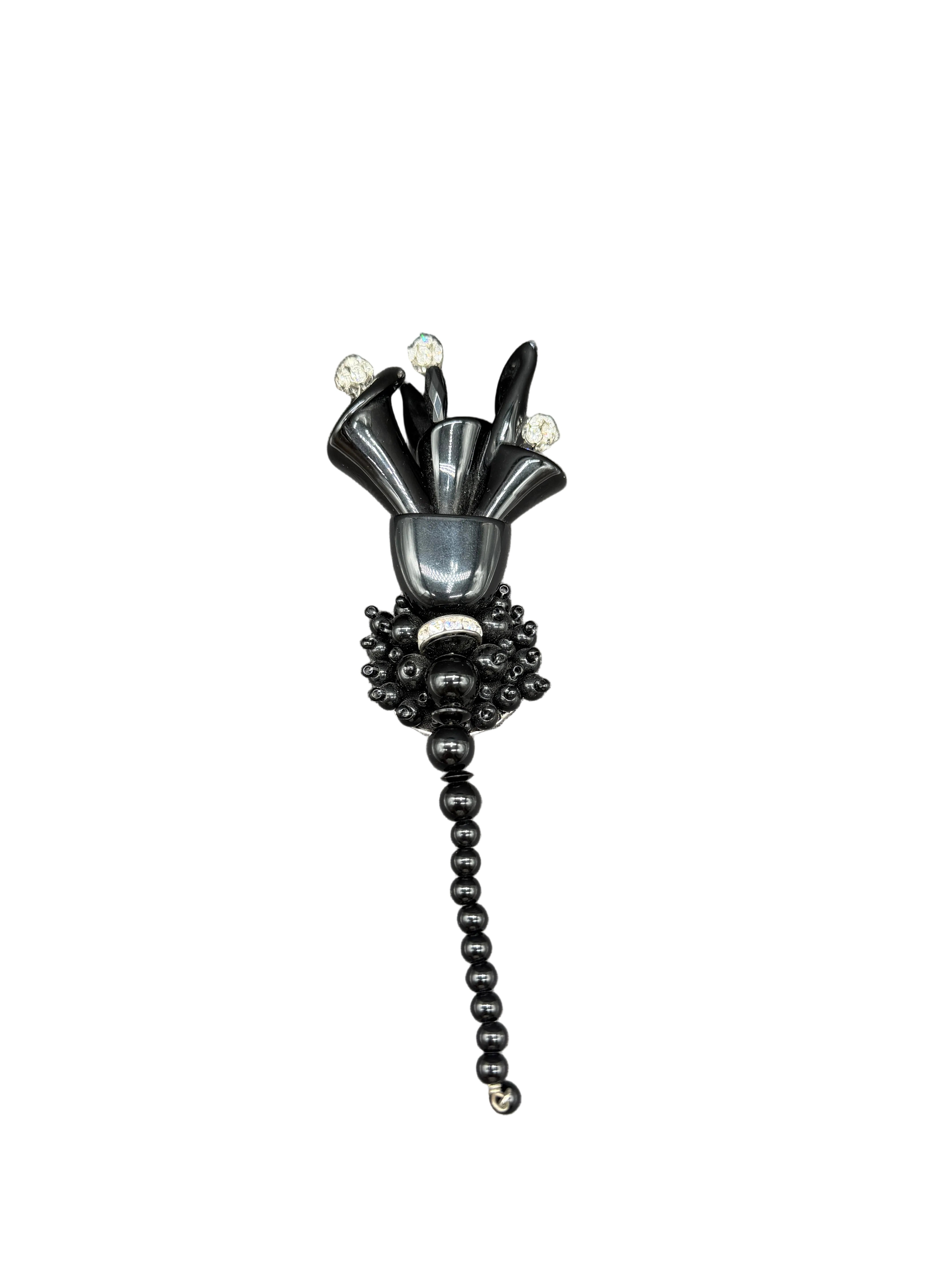 1970s Rare Angela Caputi Black Lucite Calla Lily Brooch with Clear Rhinestone Accents