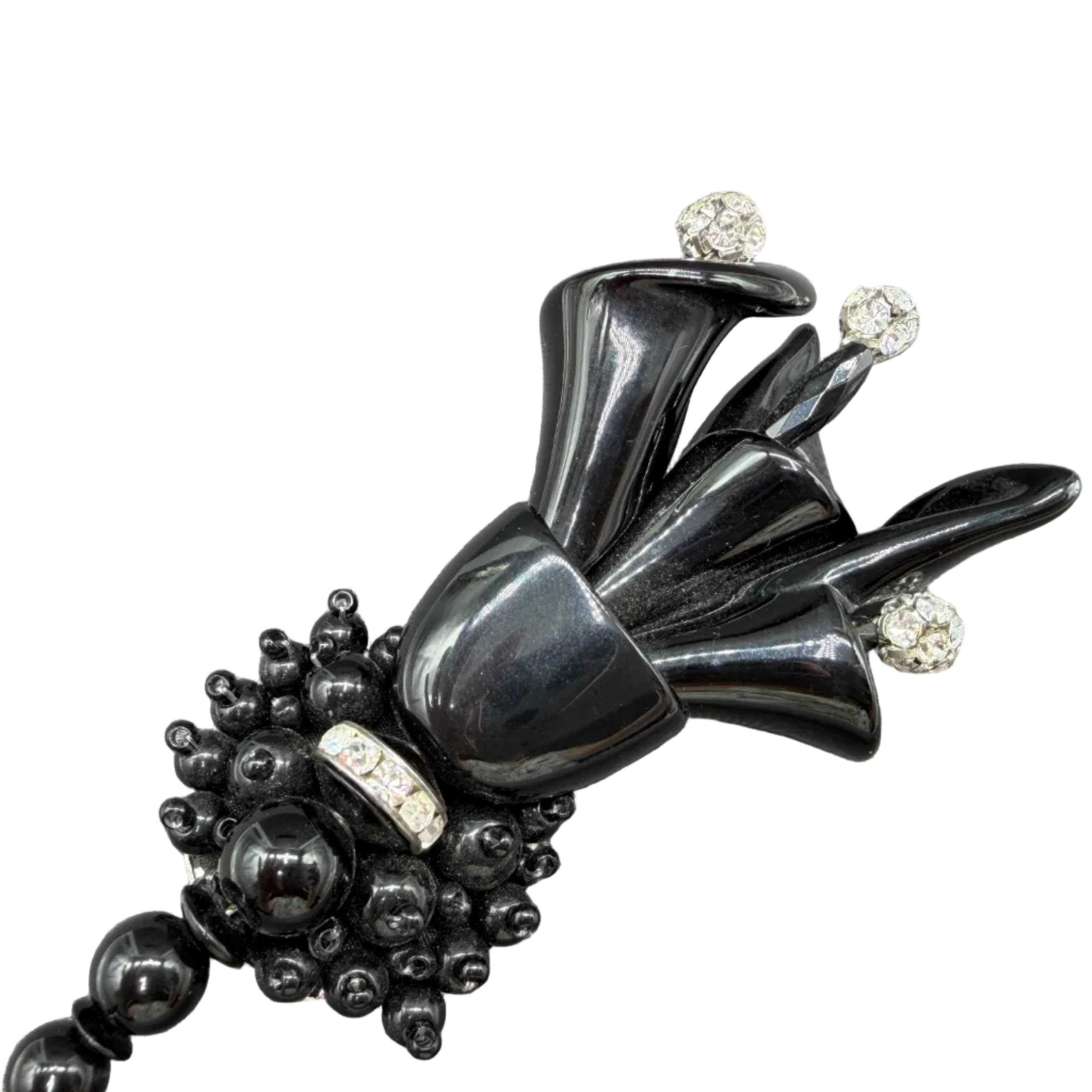 1970s Rare Angela Caputi Black Lucite Calla Lily Brooch with Clear Rhinestone Accents