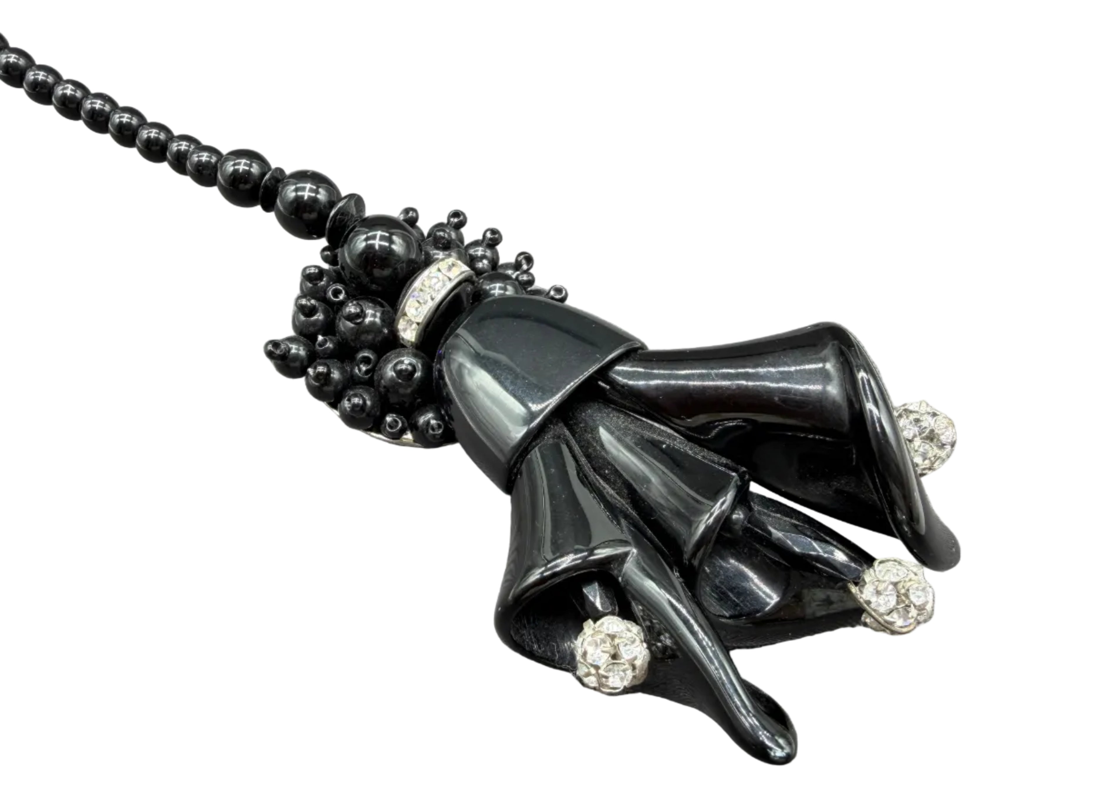1970s Rare Angela Caputi Black Lucite Calla Lily Brooch with Clear Rhinestone Accents