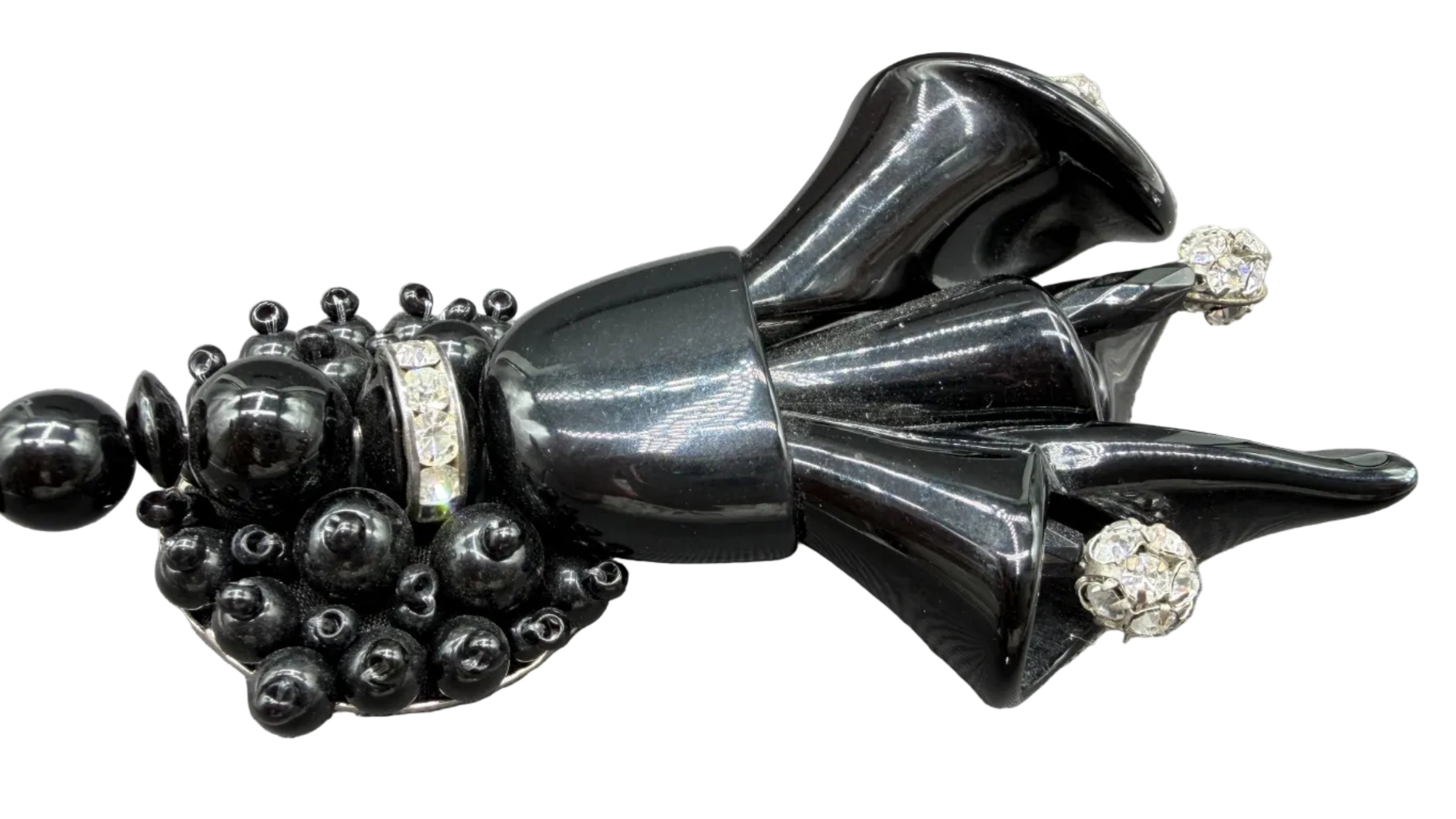 1970s Rare Angela Caputi Black Lucite Calla Lily Brooch with Clear Rhinestone Accents