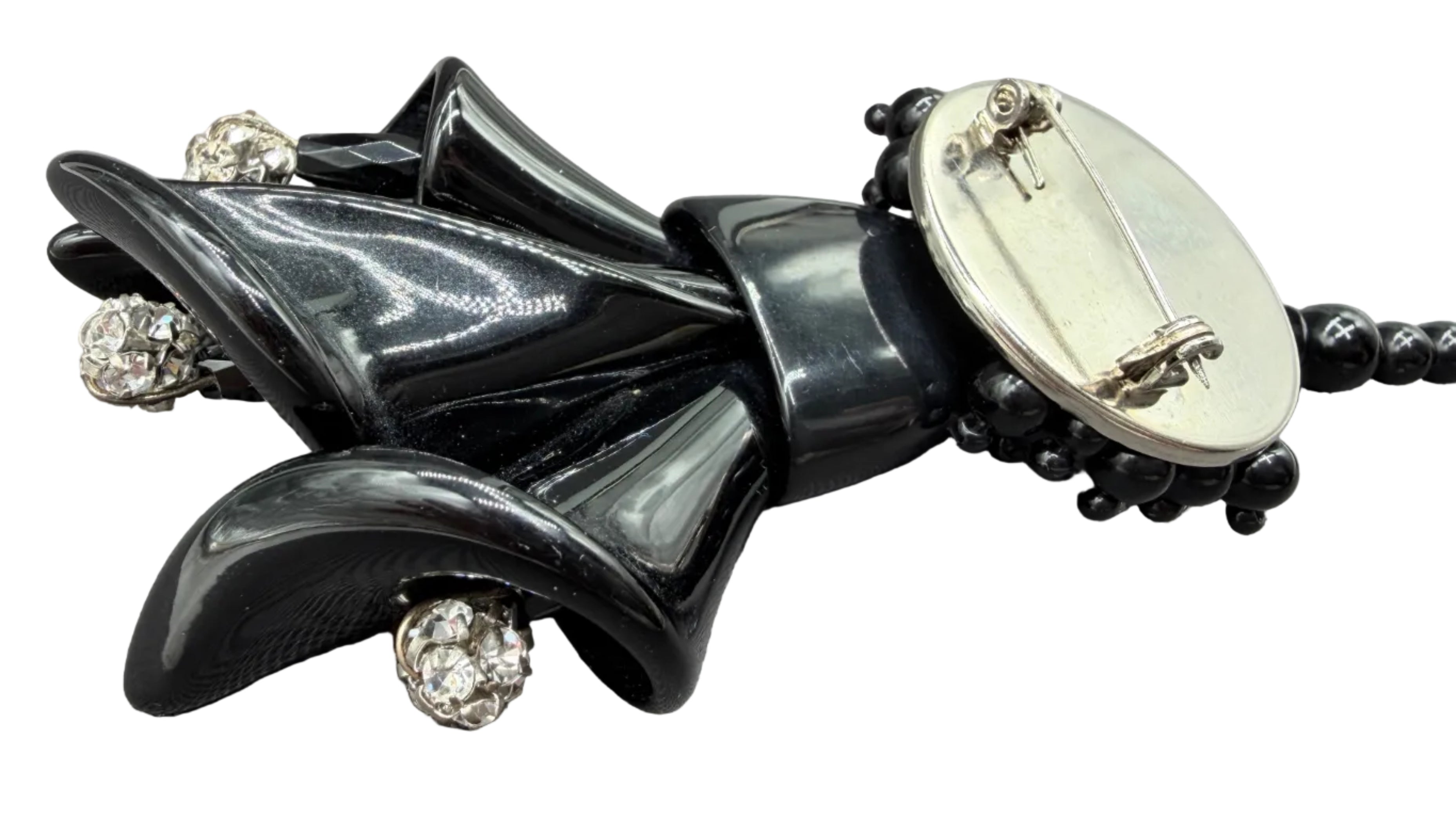 1970s Rare Angela Caputi Black Lucite Calla Lily Brooch with Clear Rhinestone Accents