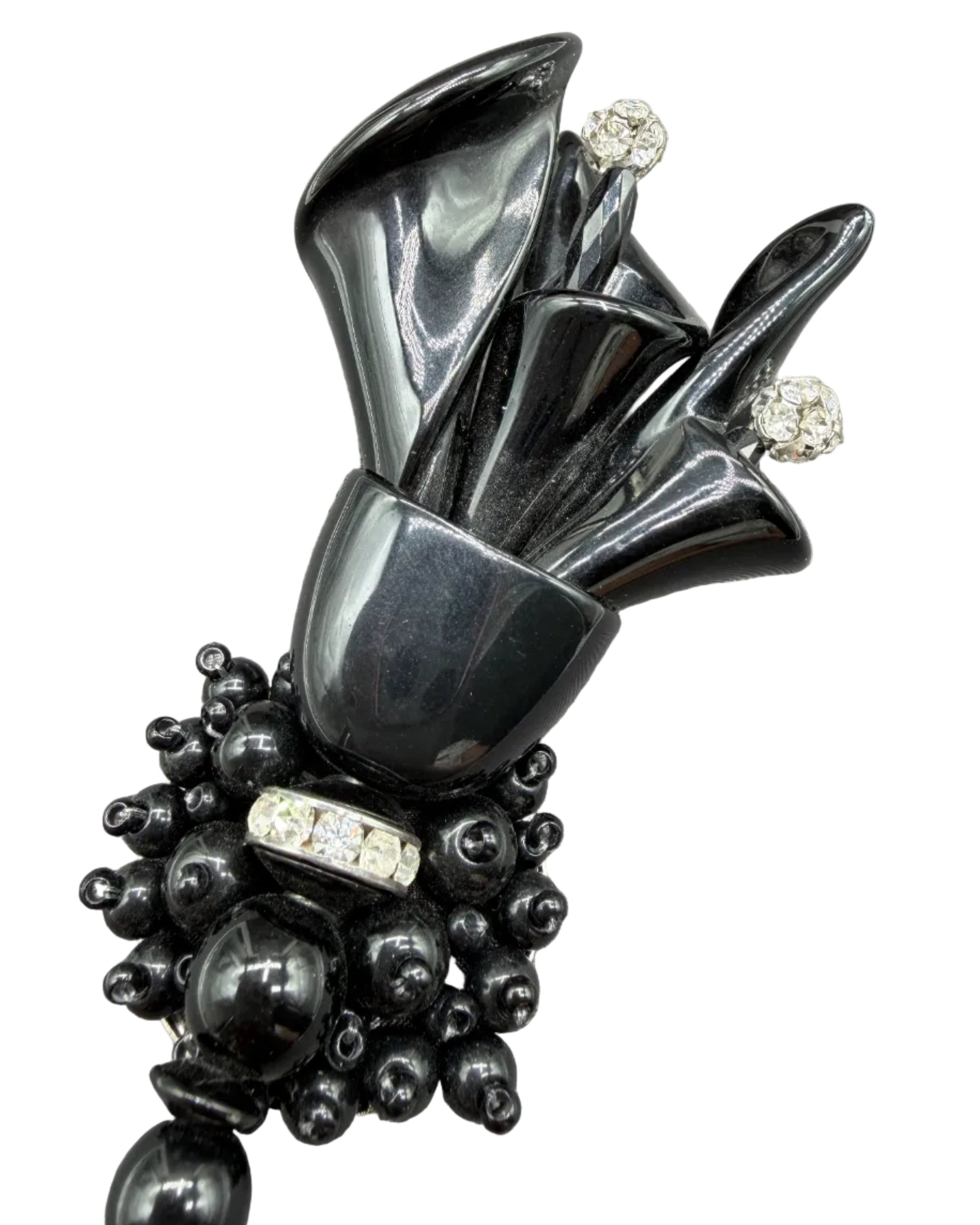 1970s Rare Angela Caputi Black Lucite Calla Lily Brooch with Clear Rhinestone Accents