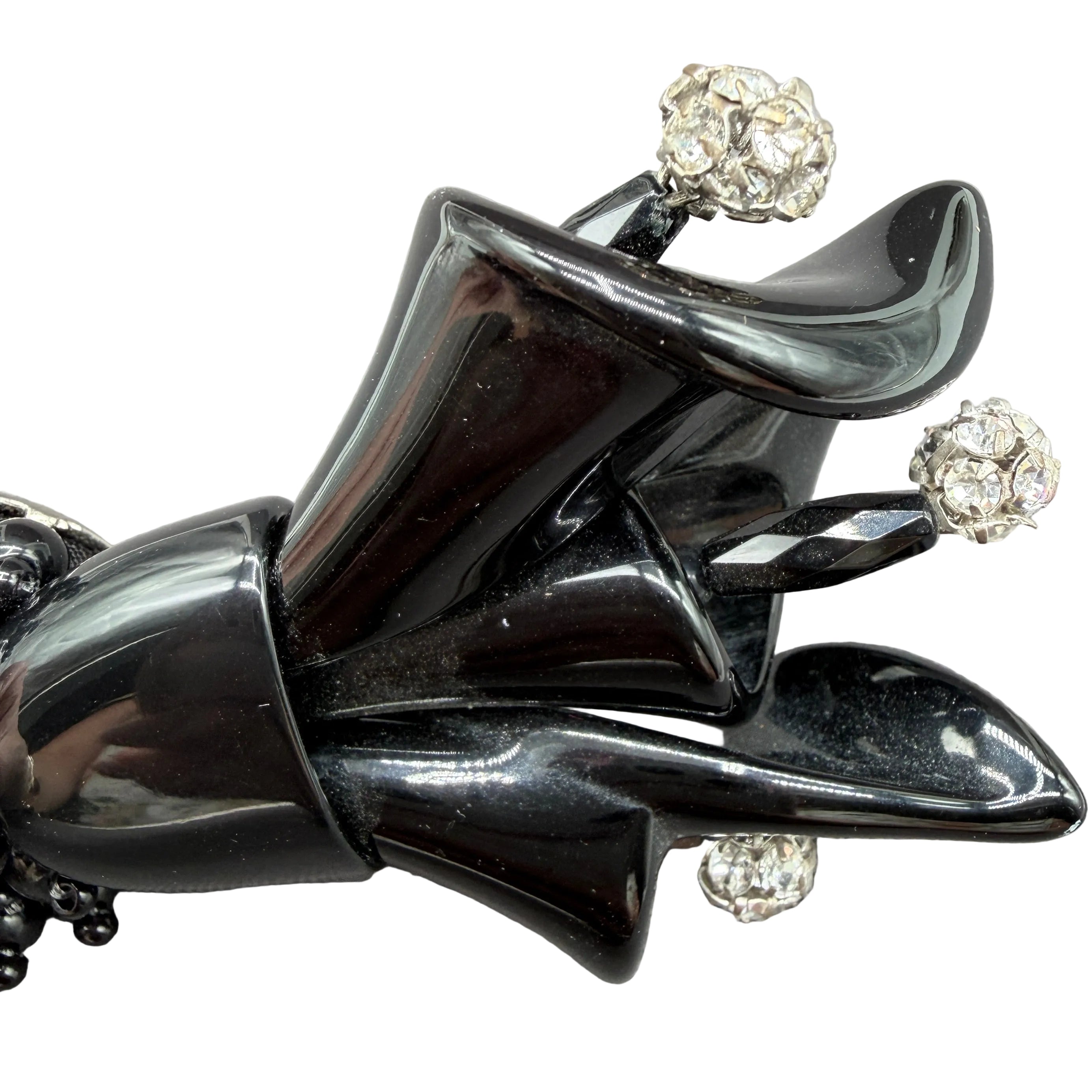 1970s Rare Angela Caputi Black Lucite Calla Lily Brooch with Clear Rhinestone Accents