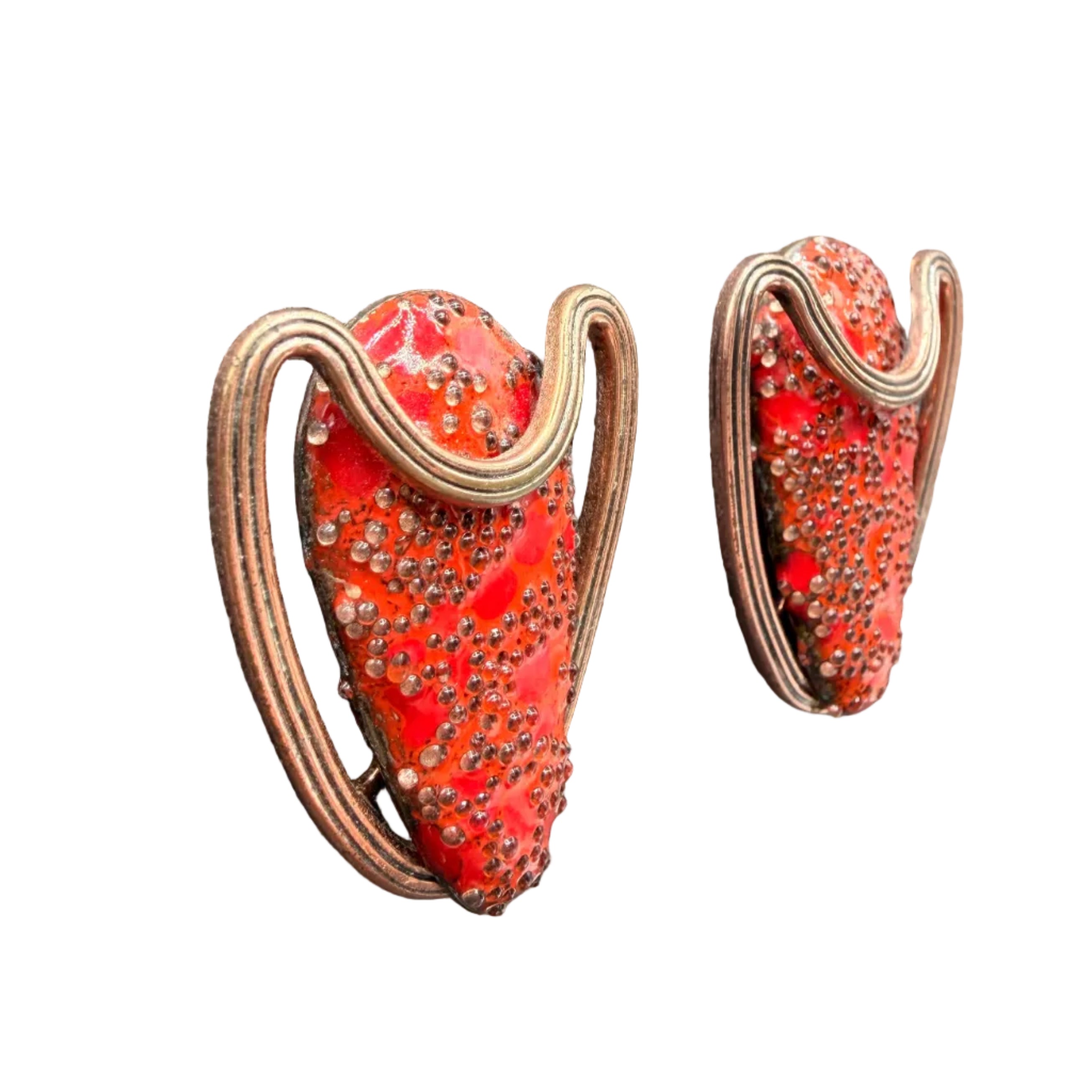 1950s Matisse Copper Mid-Century Modern Earrings with Red Enamel