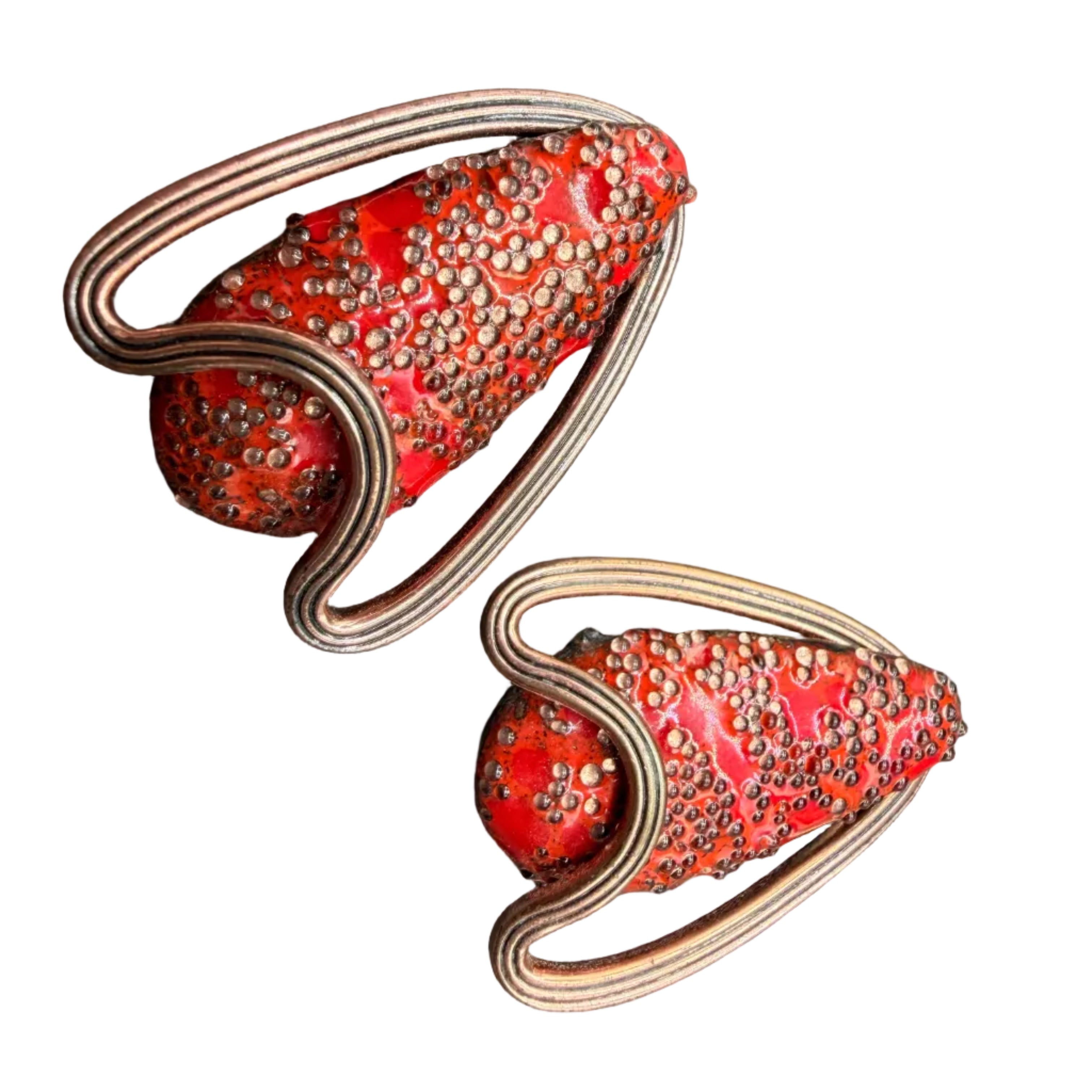 1950s Matisse Copper Mid-Century Modern Earrings with Red Enamel