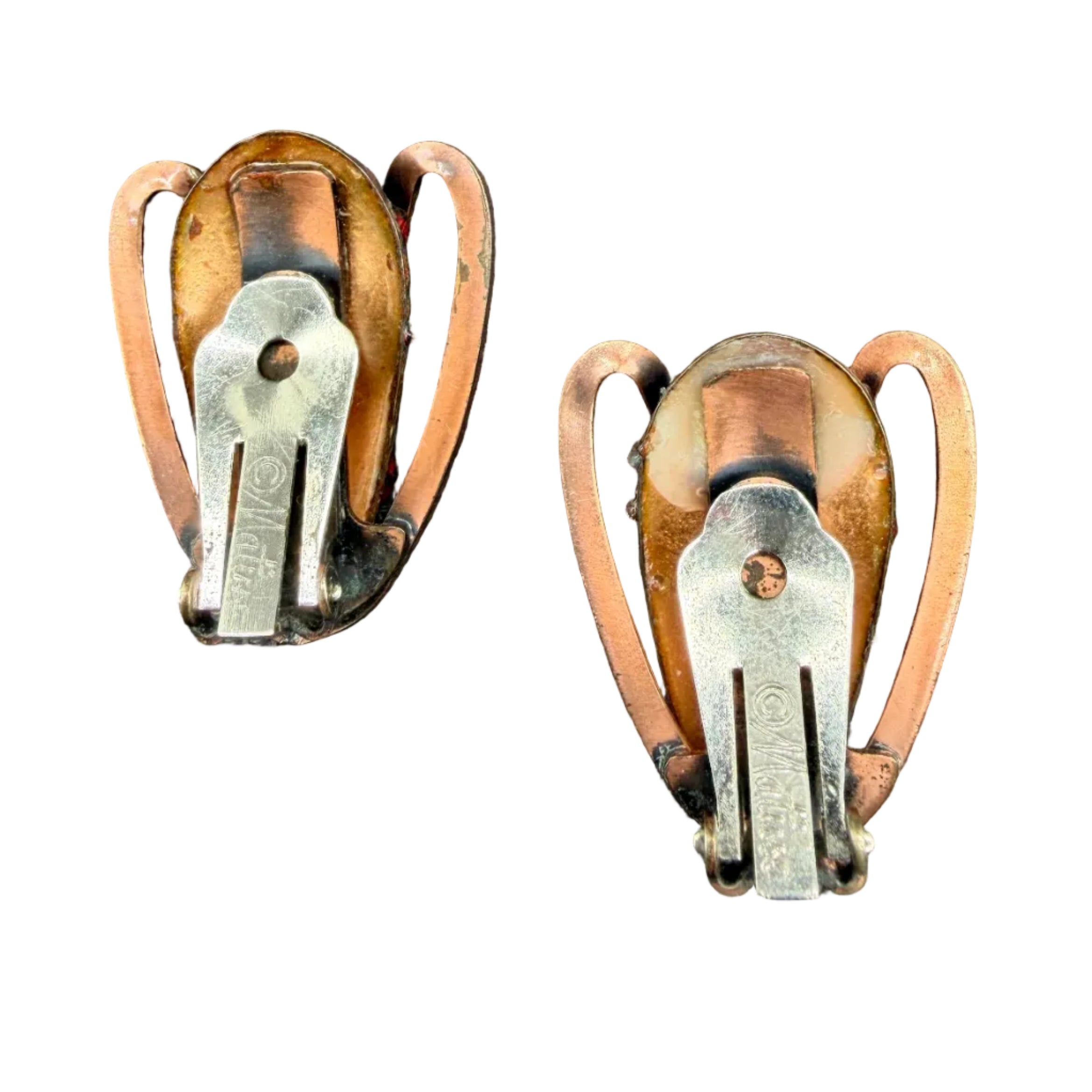 1950s Matisse Copper Mid-Century Modern Earrings with Red Enamel