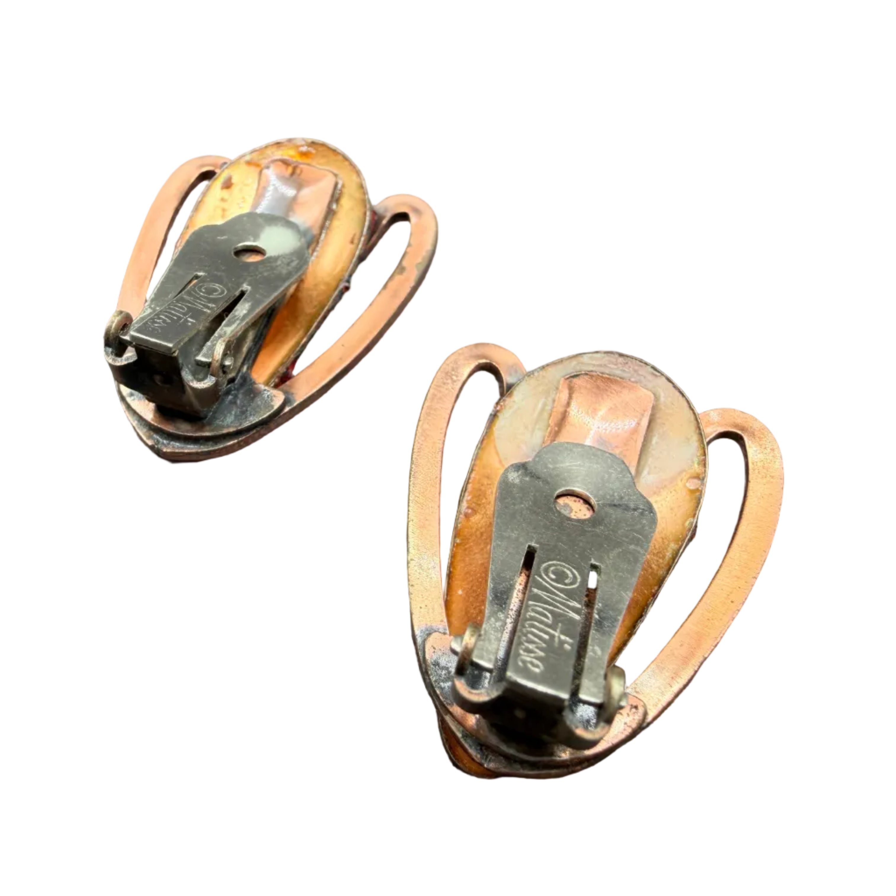 1950s Matisse Copper Mid-Century Modern Earrings with Red Enamel
