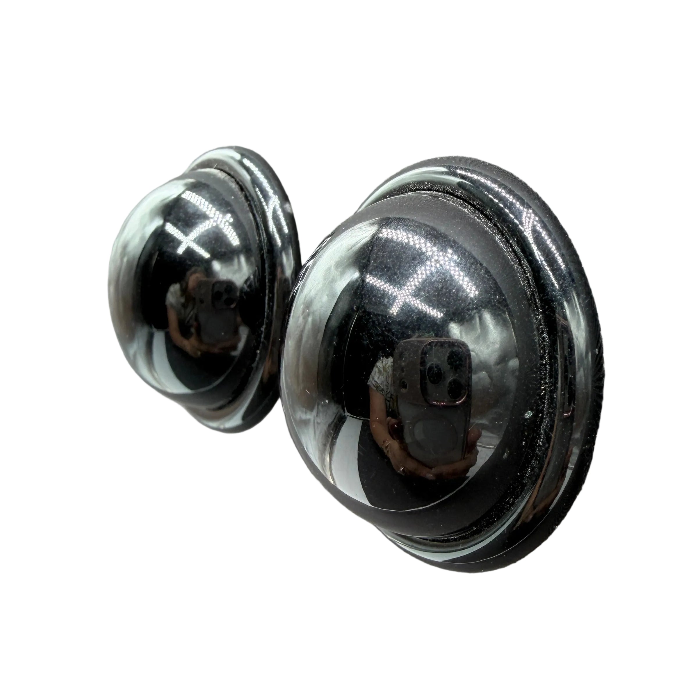 1970s Angela Caputi Black Lucite Disc Earrings with Black Cabochon Tops