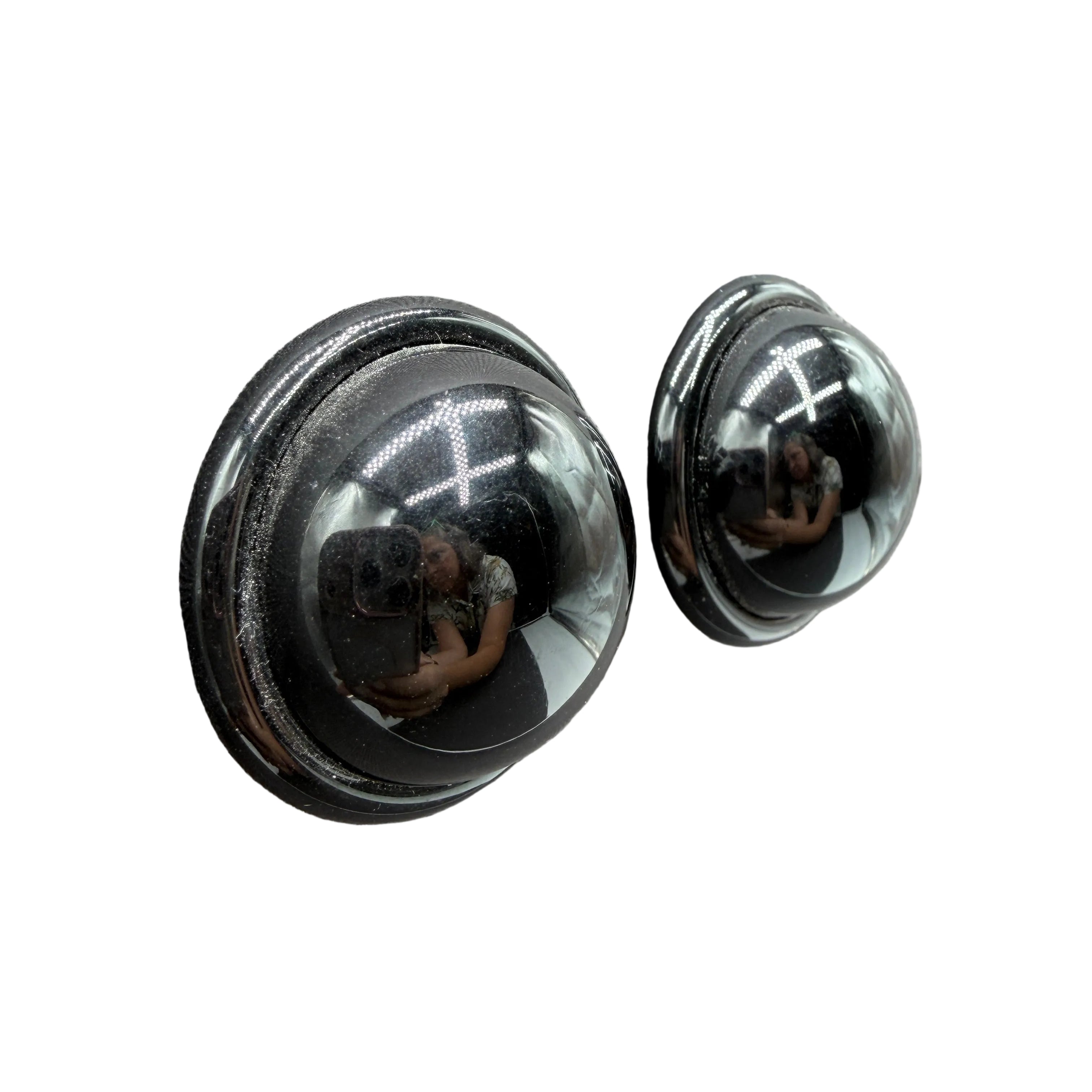 1970s Angela Caputi Black Lucite Disc Earrings with Black Cabochon Tops