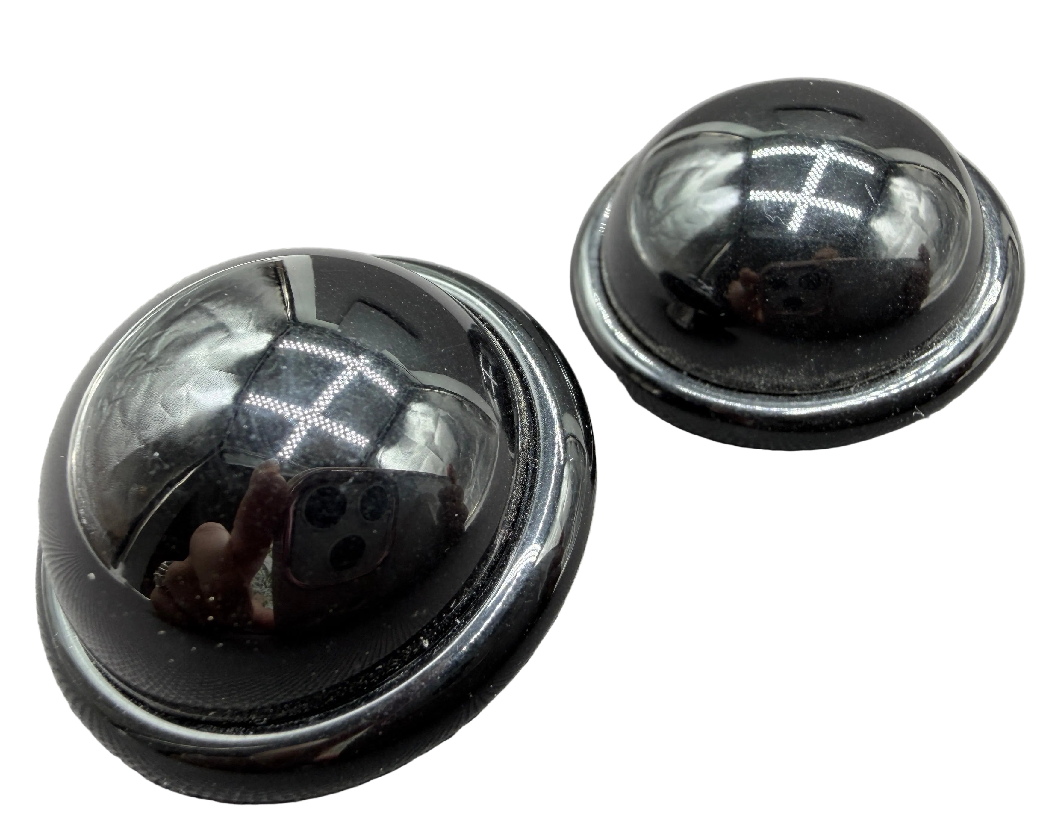 1970s Angela Caputi Black Lucite Disc Earrings with Black Cabochon Tops