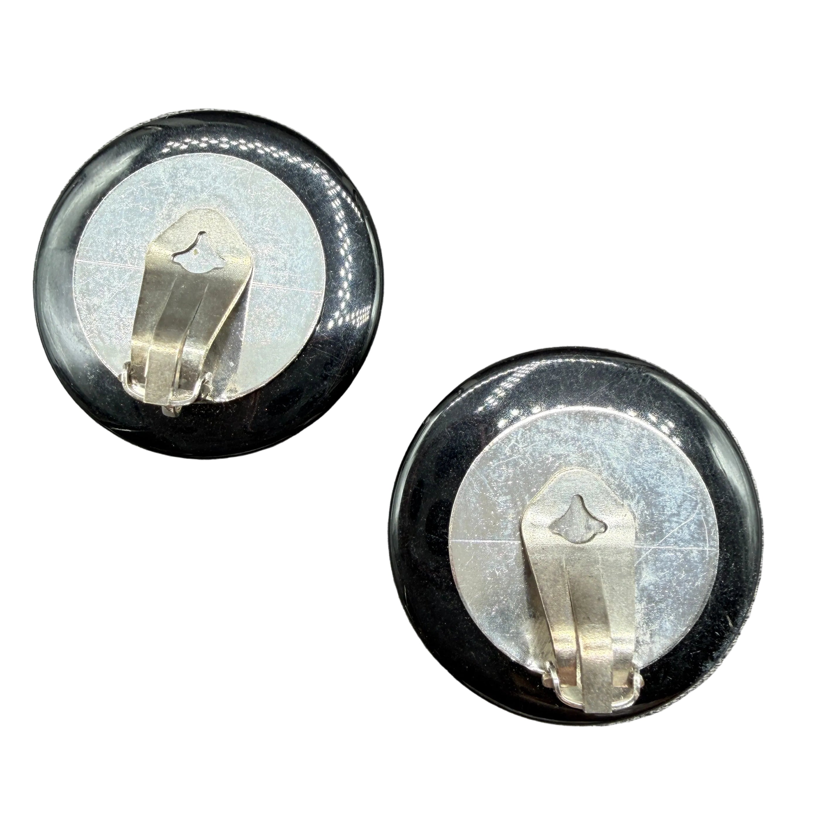 1970s Angela Caputi Black Lucite Disc Earrings with Black Cabochon Tops