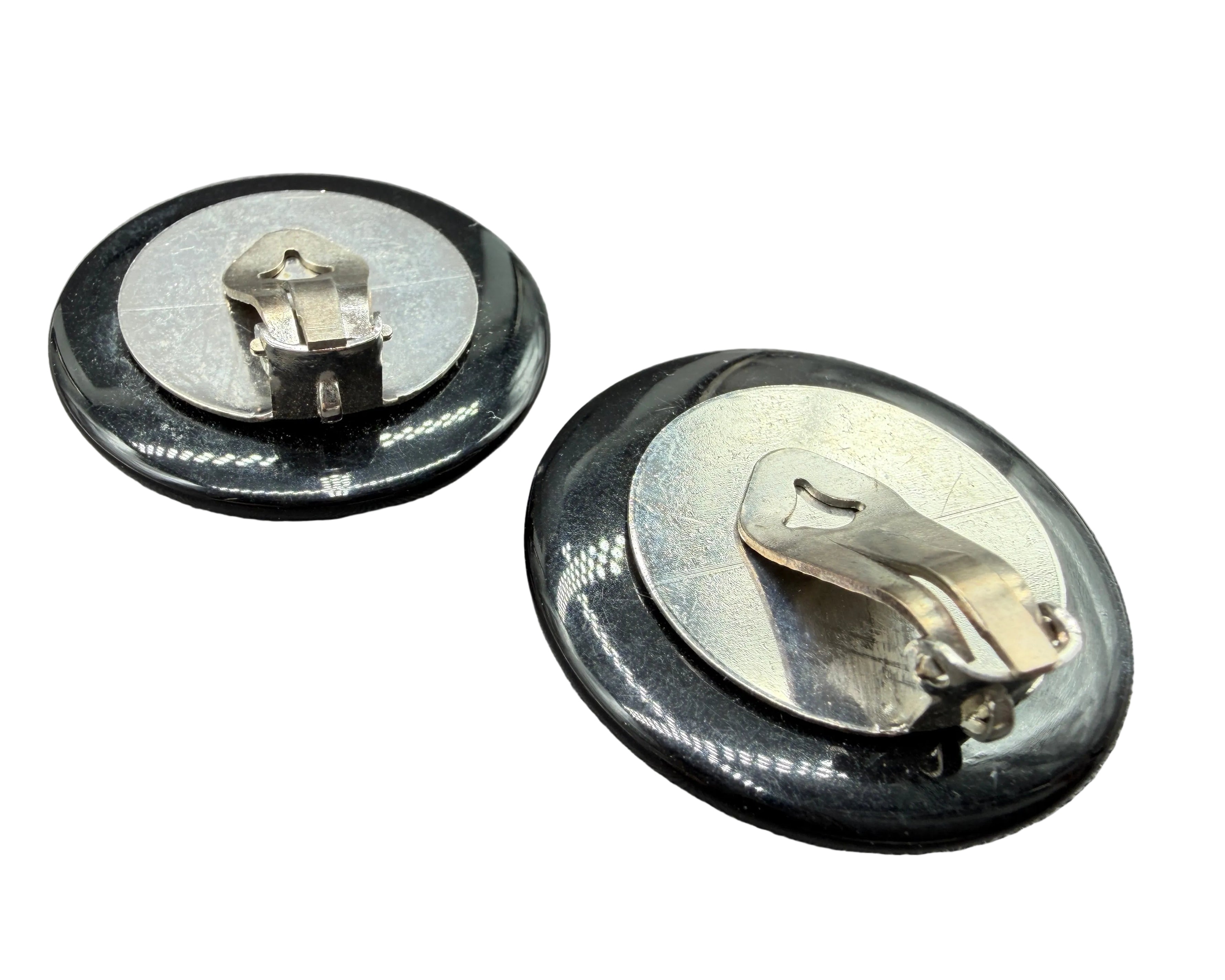 1970s Angela Caputi Black Lucite Disc Earrings with Black Cabochon Tops