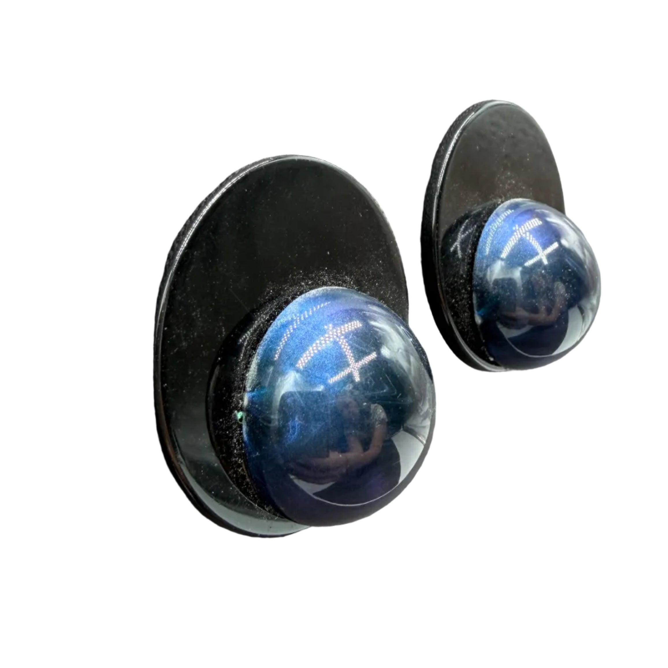 1970s Angela Caputi Black Lucite Disc Earrings with Blue Marbled Lucite Ball Tops