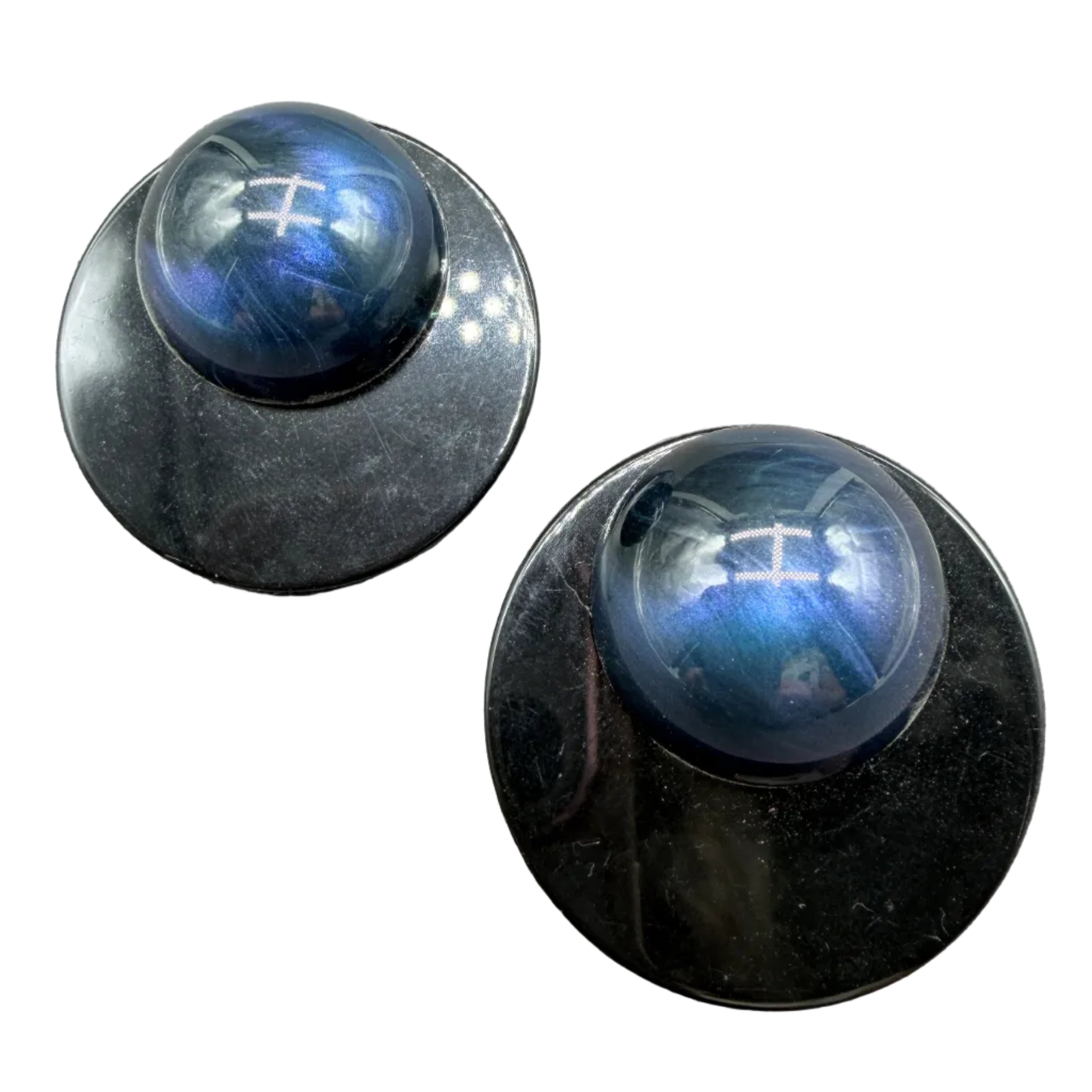 1970s Angela Caputi Black Lucite Disc Earrings with Blue Marbled Lucite Ball Tops