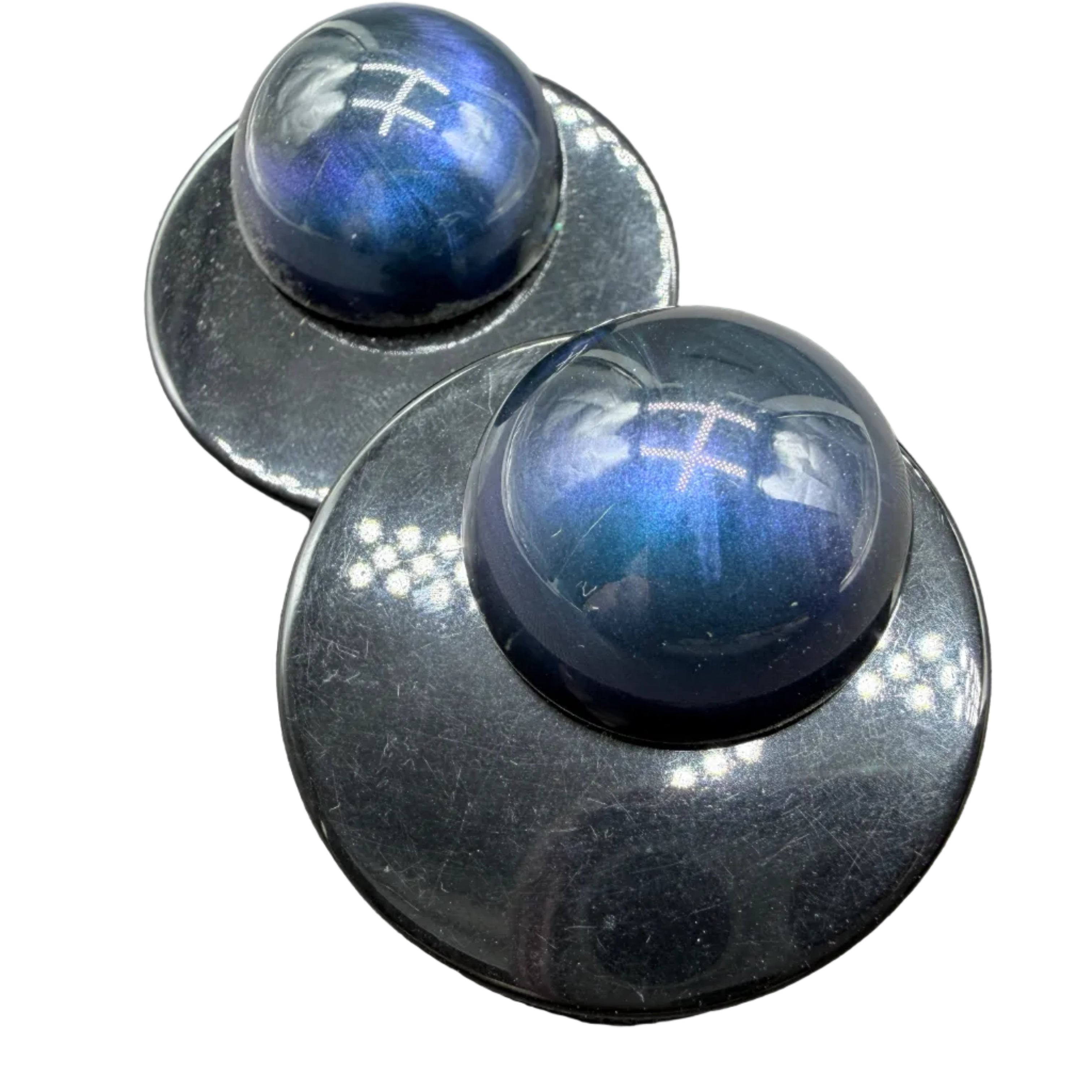1970s Angela Caputi Black Lucite Disc Earrings with Blue Marbled Lucite Ball Tops