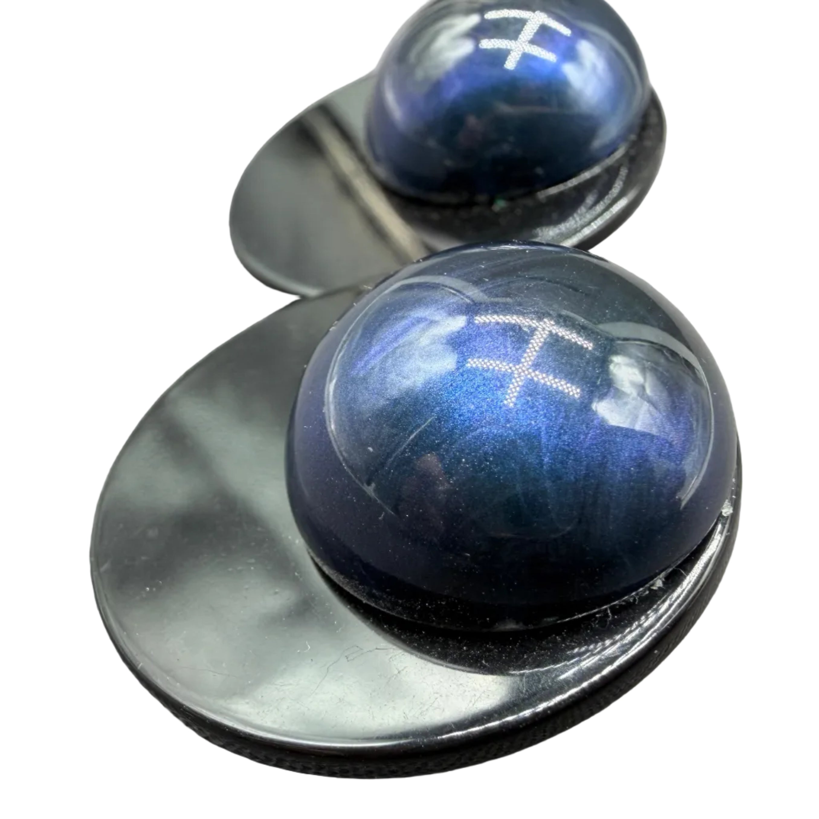 1970s Angela Caputi Black Lucite Disc Earrings with Blue Marbled Lucite Ball Tops