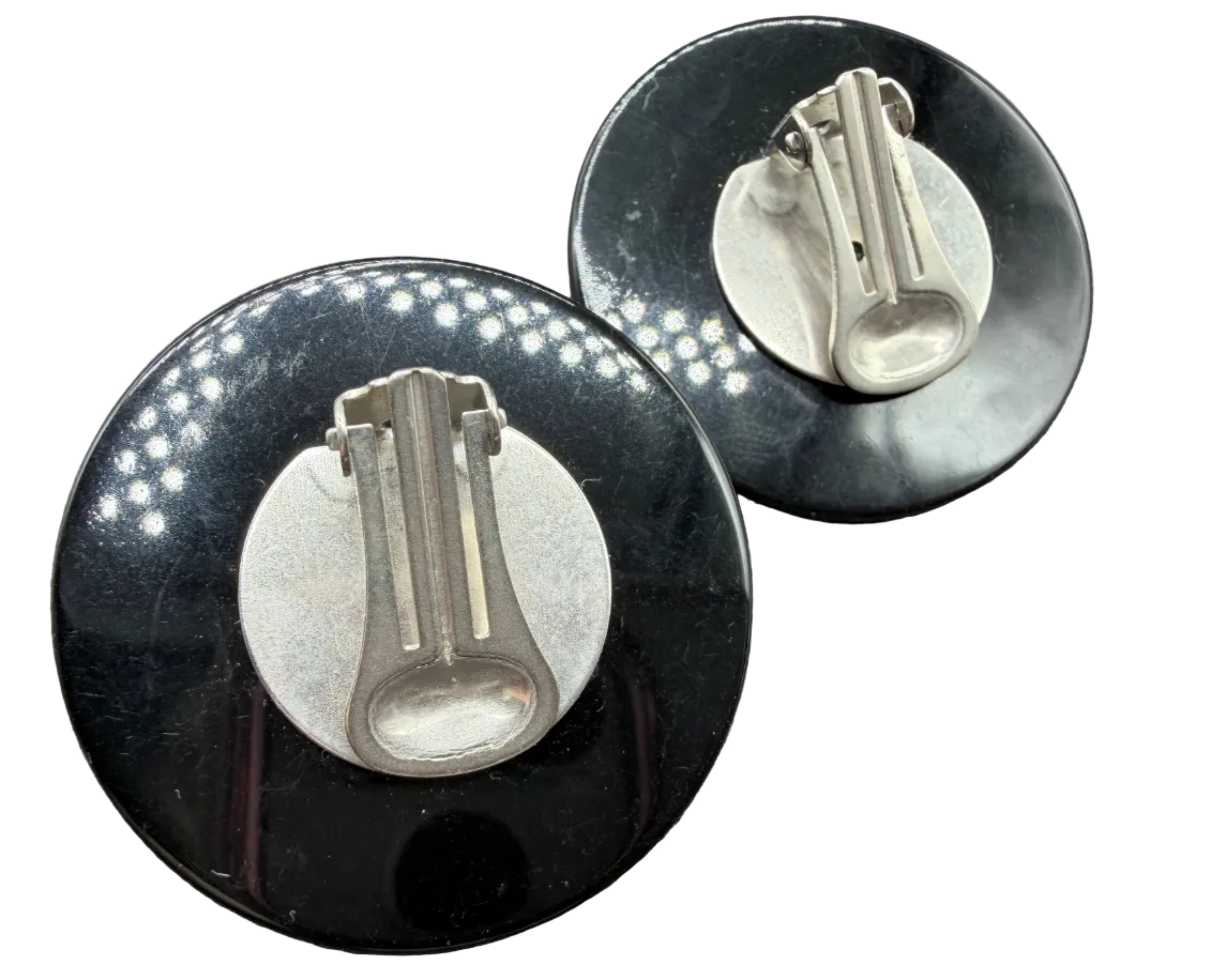 1970s Angela Caputi Black Lucite Disc Earrings with Blue Marbled Lucite Ball Tops
