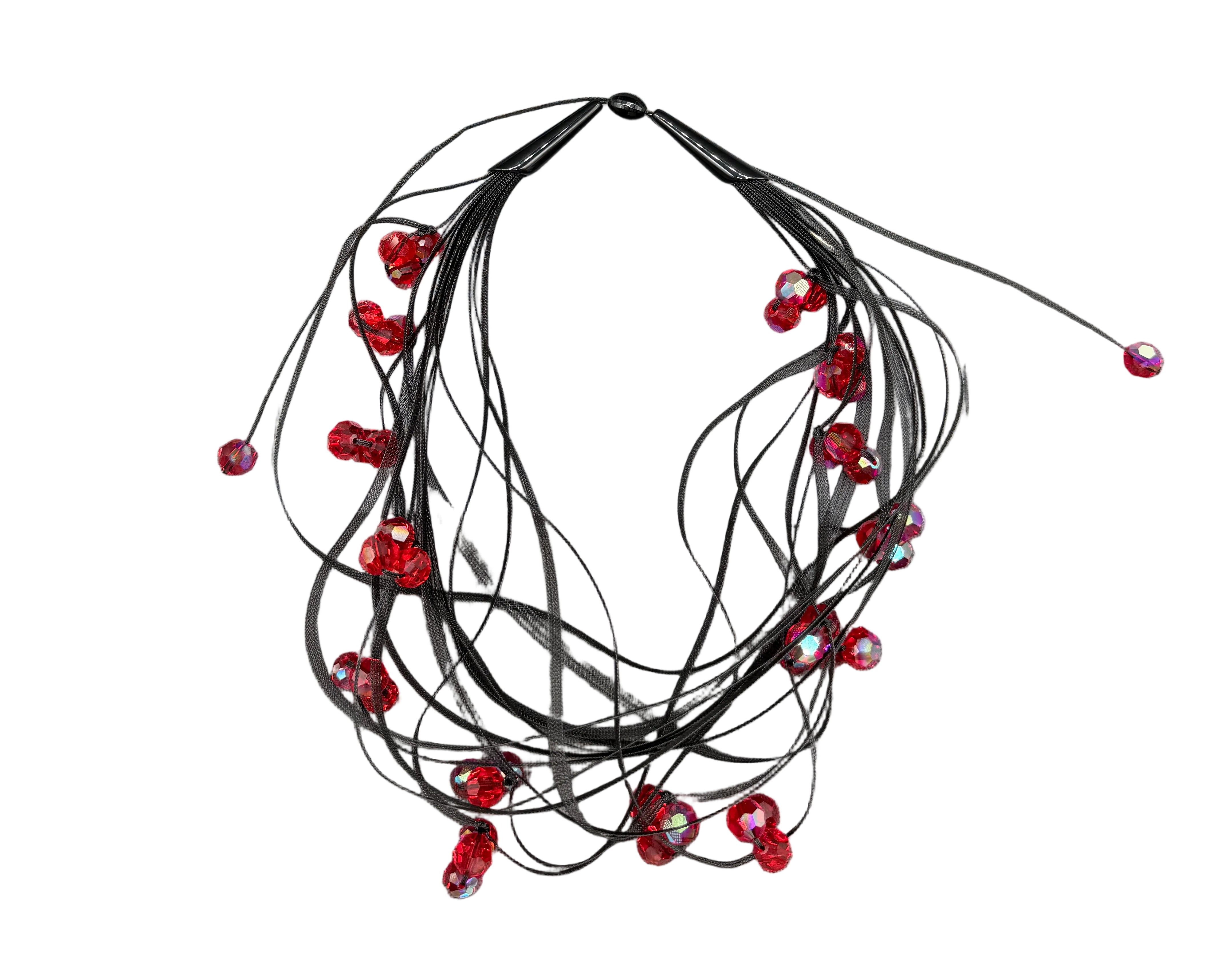 1980s Janete Zamboni Black Mesh 15-Strand Necklace with Red Faceted Swarovski Crystal Clusters