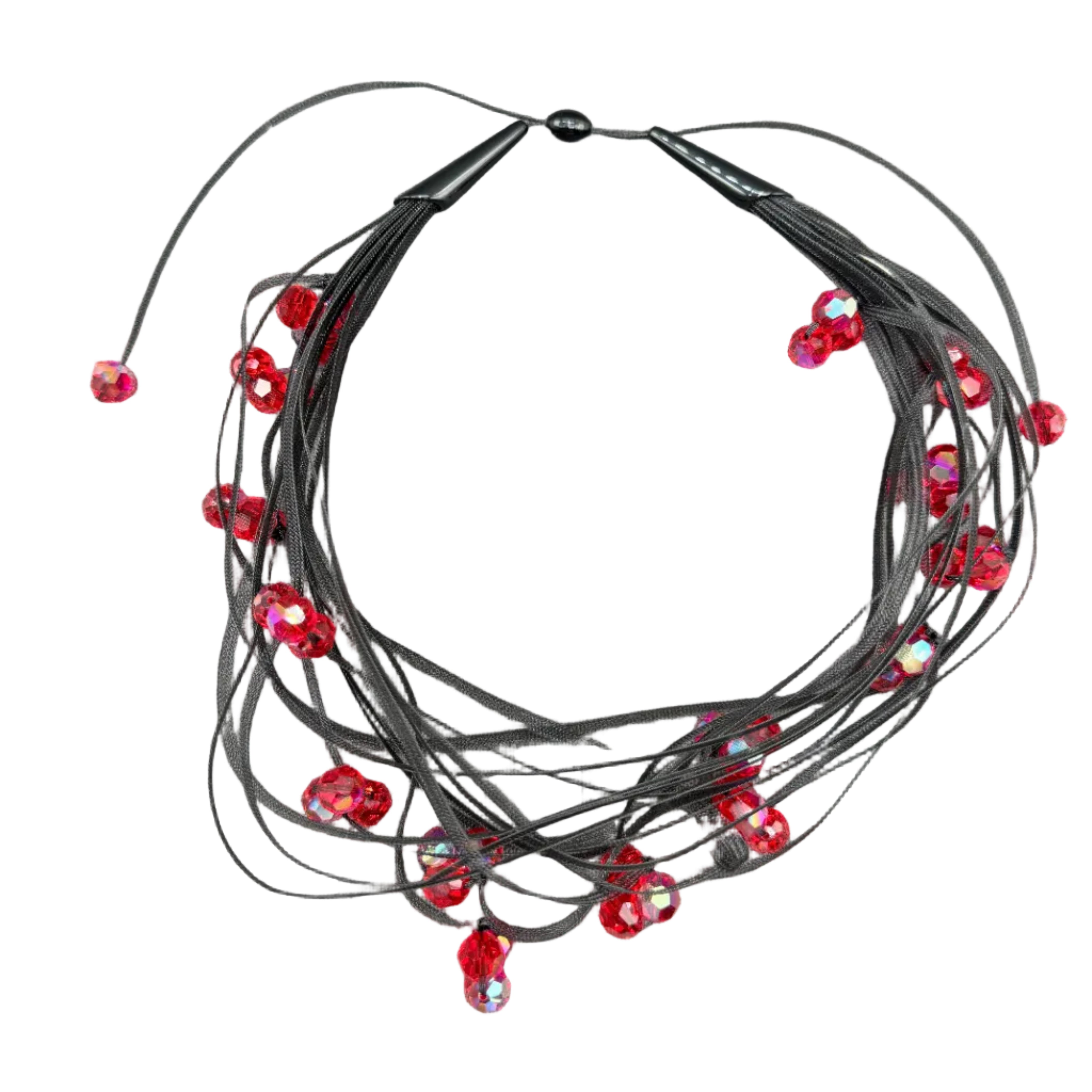 1980s Janete Zamboni Black Mesh 15-Strand Necklace with Red Faceted Swarovski Crystal Clusters