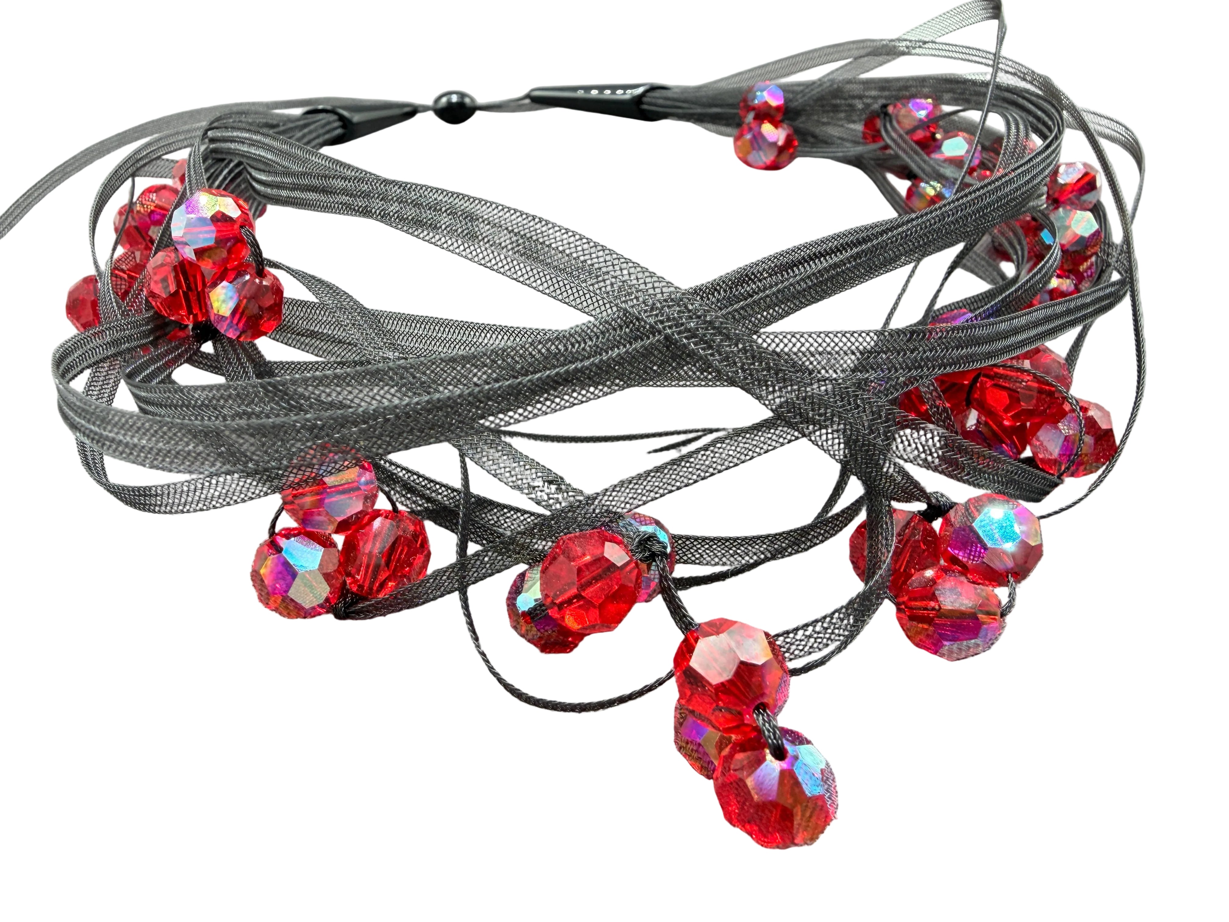 1980s Janete Zamboni Black Mesh 15-Strand Necklace with Red Faceted Swarovski Crystal Clusters