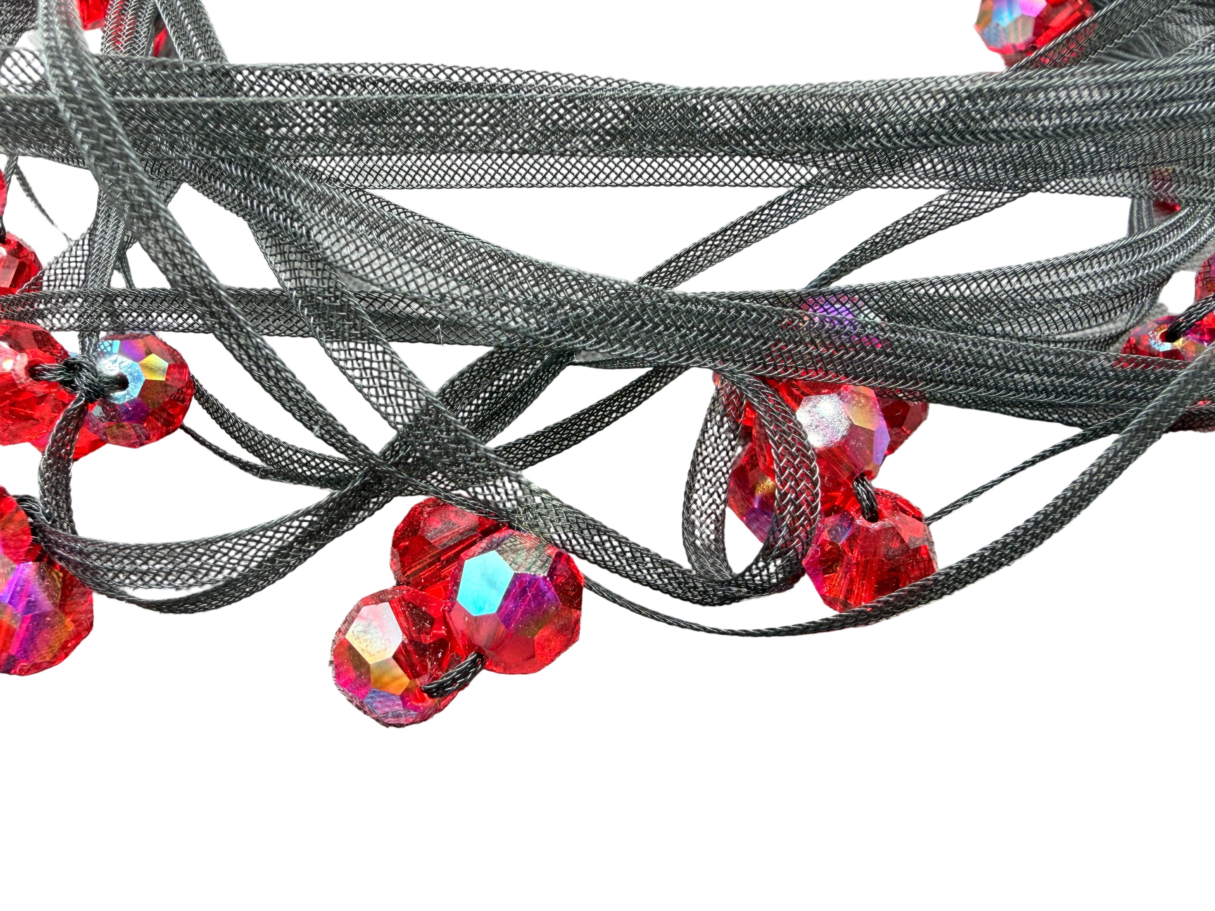 1980s Janete Zamboni Black Mesh 15-Strand Necklace with Red Faceted Swarovski Crystal Clusters
