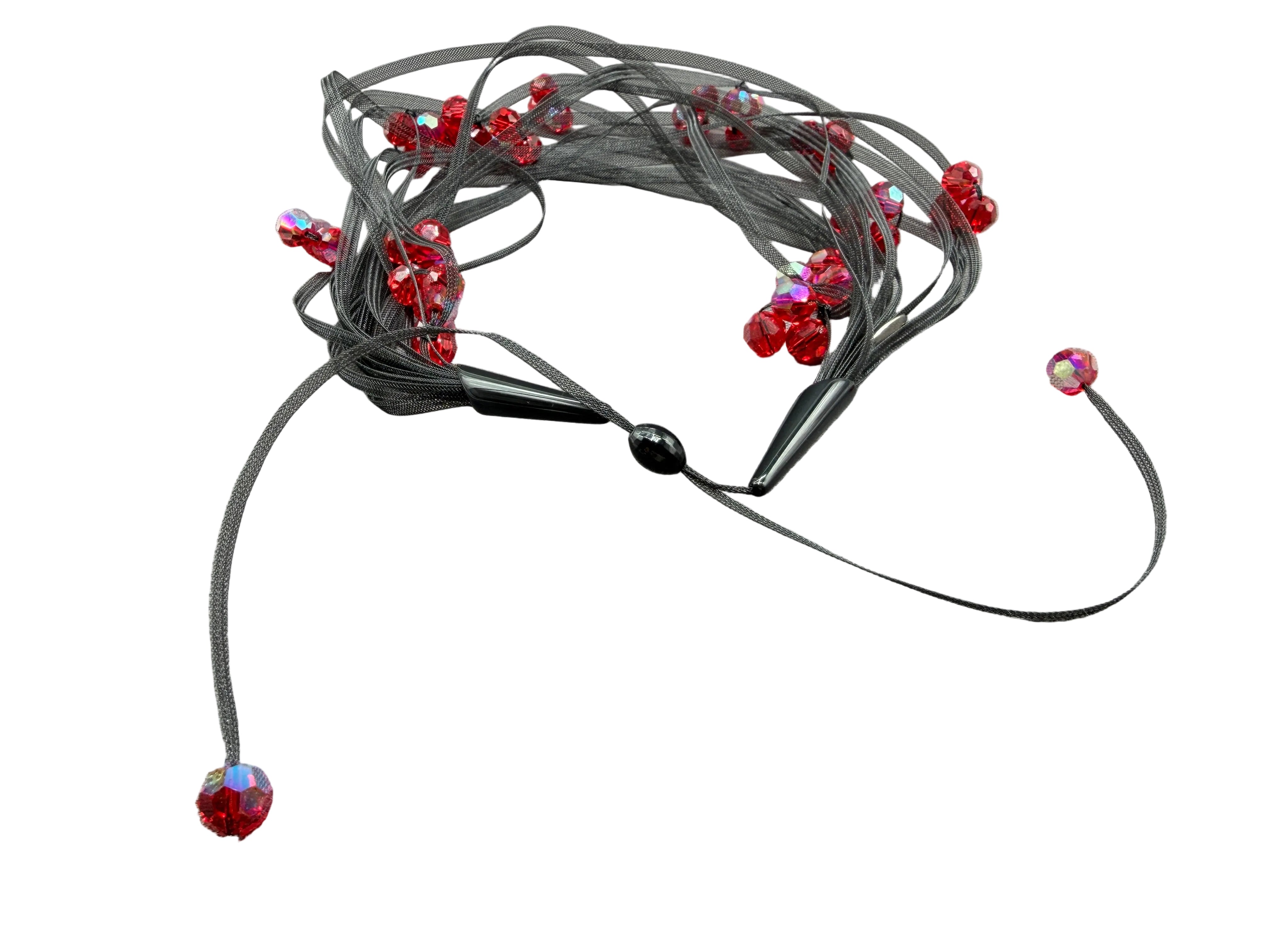 1980s Janete Zamboni Black Mesh 15-Strand Necklace with Red Faceted Swarovski Crystal Clusters