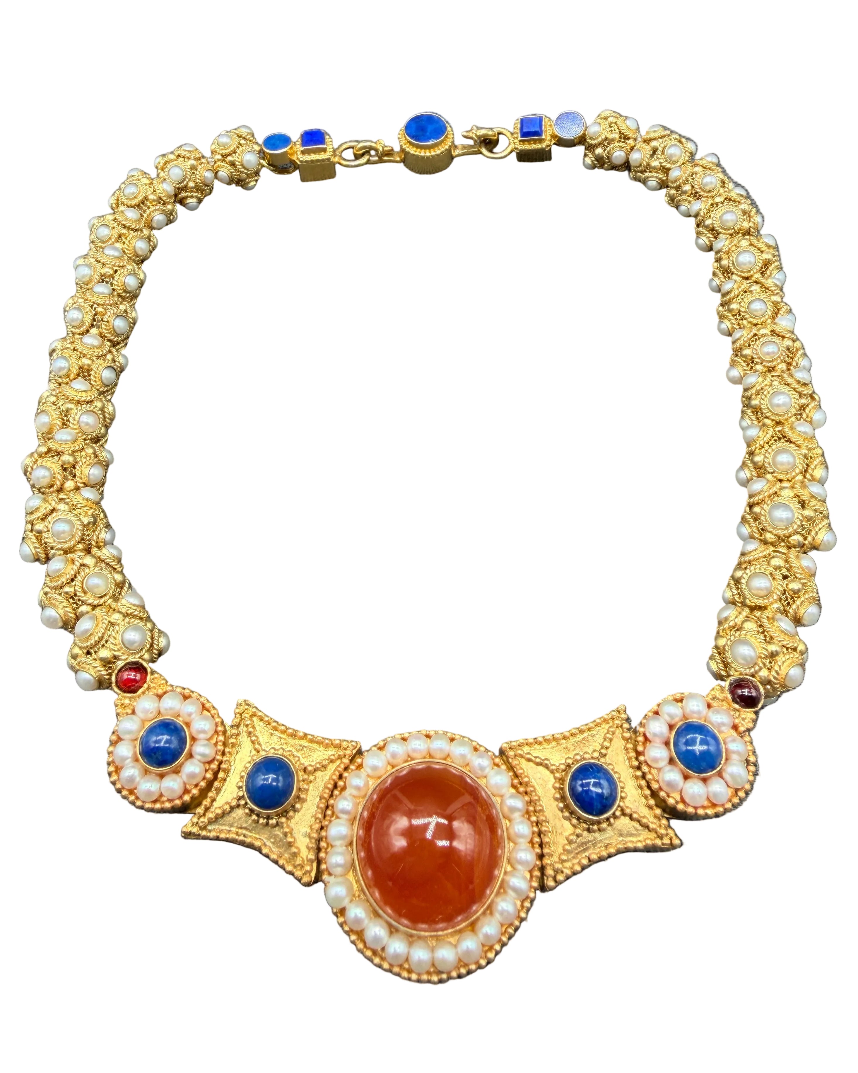 1980s MMANY 24K Gold-Plated "Princess Necklace Suite" Reproduction Necklace & Earring Set Inspired by the Sui Dynasty (581–617 AD) with Genuine Pearls, Lapis & Carnelian