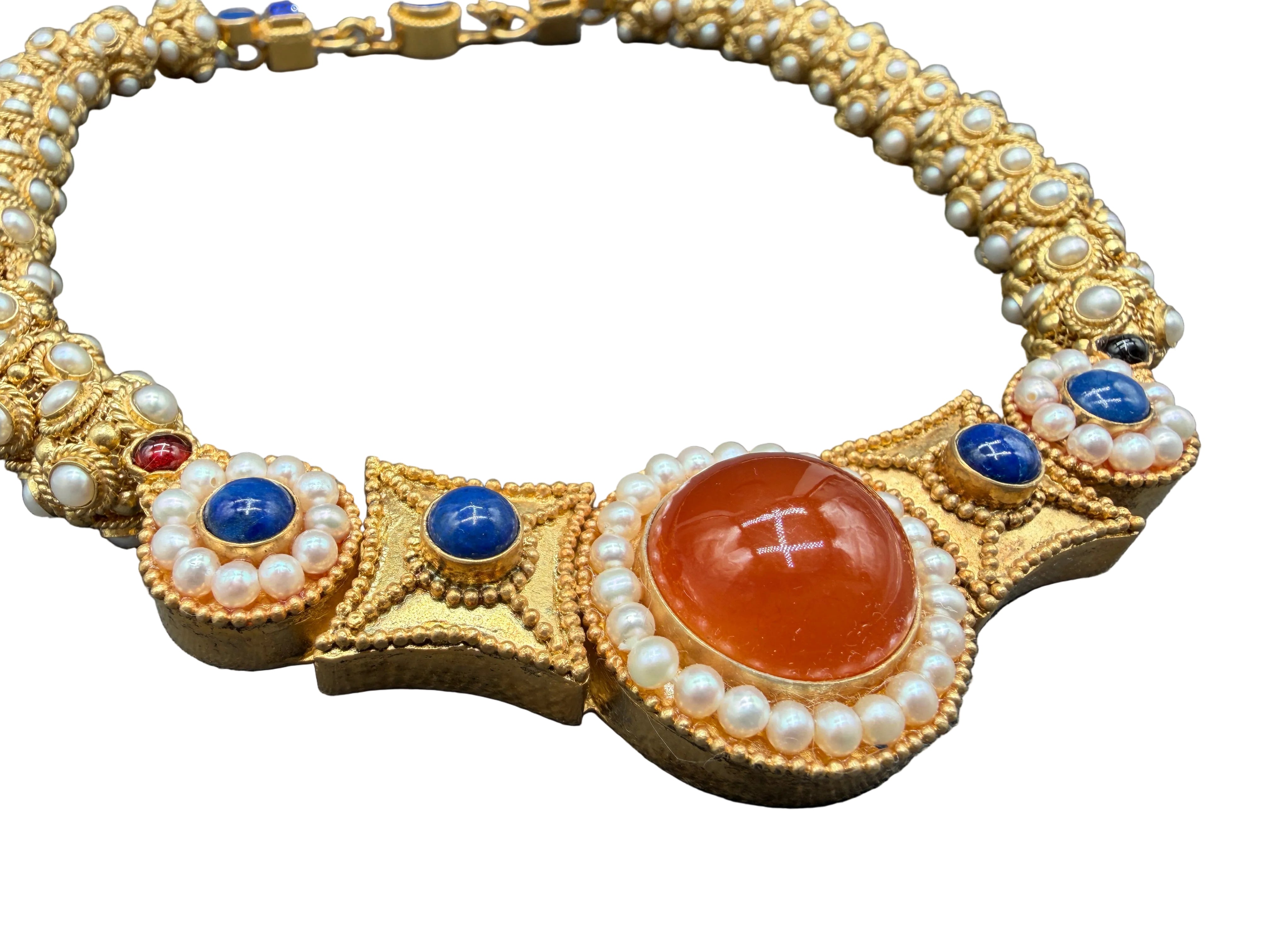 1980s MMANY 24K Gold-Plated "Princess Necklace Suite" Reproduction Necklace & Earring Set Inspired by the Sui Dynasty (581–617 AD) with Genuine Pearls, Lapis & Carnelian