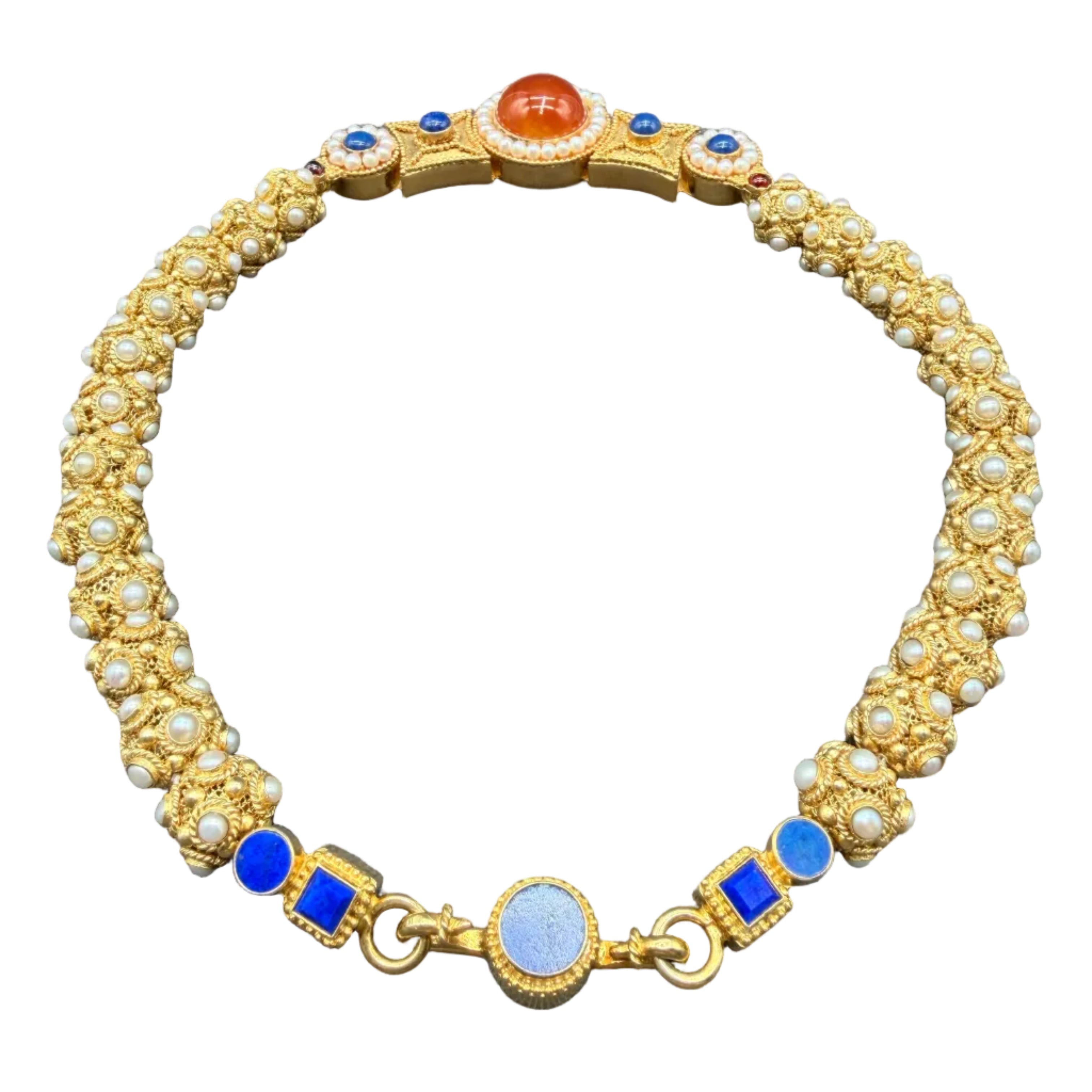 1980s MMANY 24K Gold-Plated "Princess Necklace Suite" Reproduction Necklace & Earring Set Inspired by the Sui Dynasty (581–617 AD) with Genuine Pearls, Lapis & Carnelian