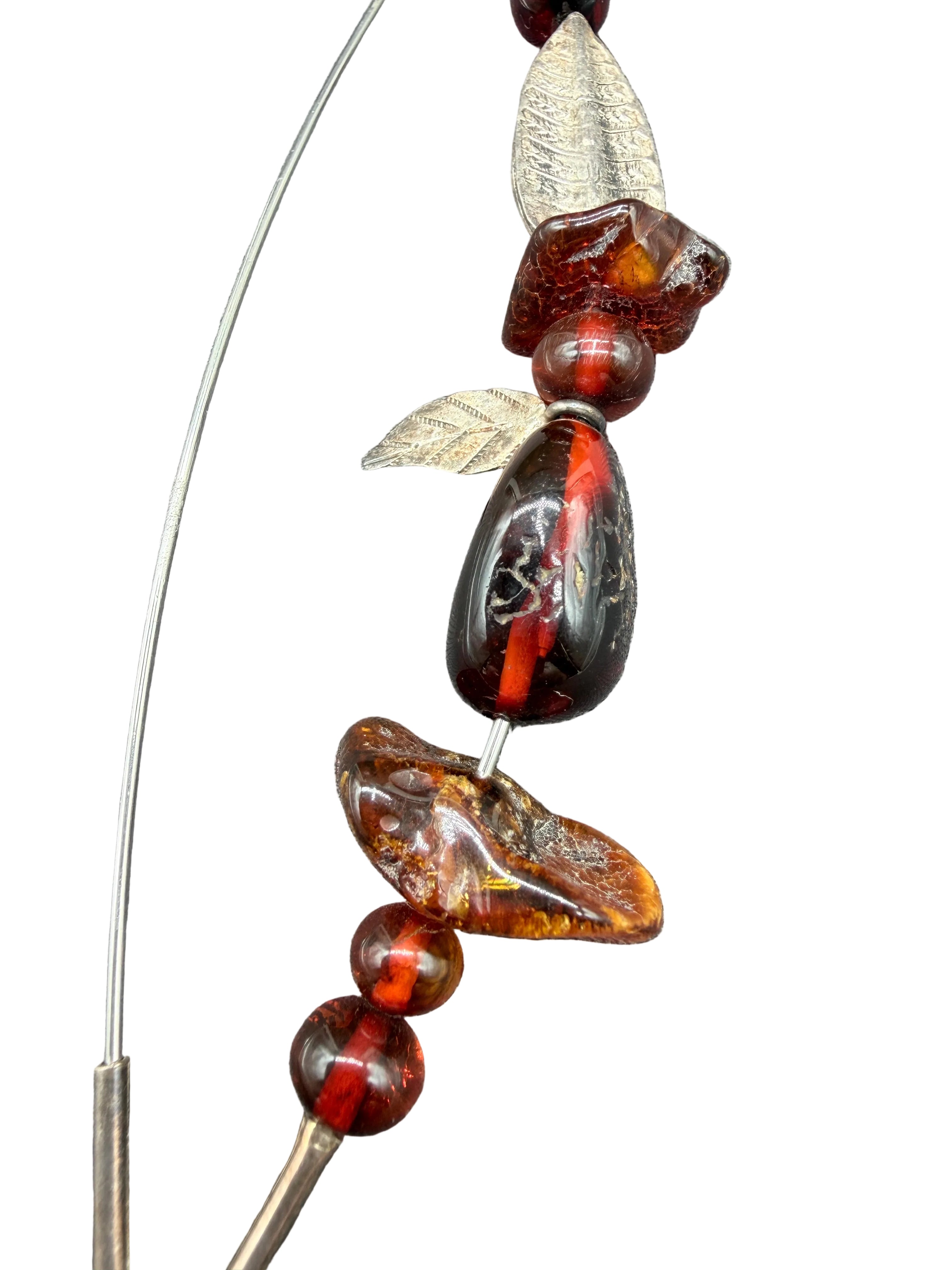 1970s Danish Artisan Sterling Silver & Amber Brooch with Carved Leaves