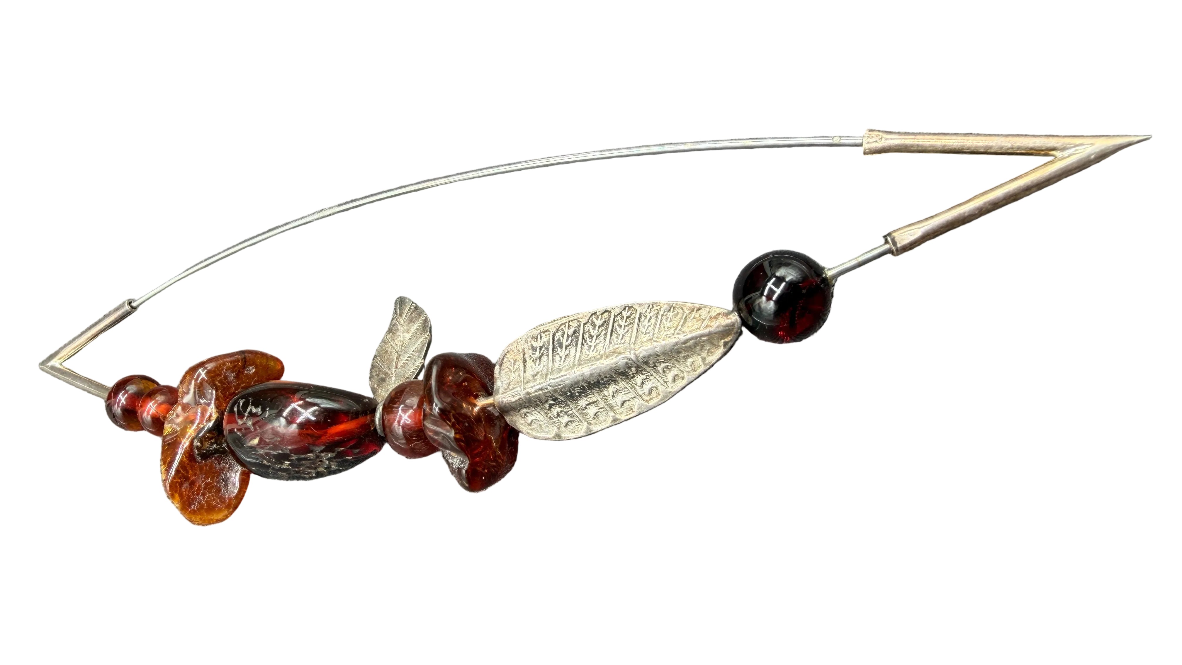 1970s Danish Artisan Sterling Silver & Amber Brooch with Carved Leaves