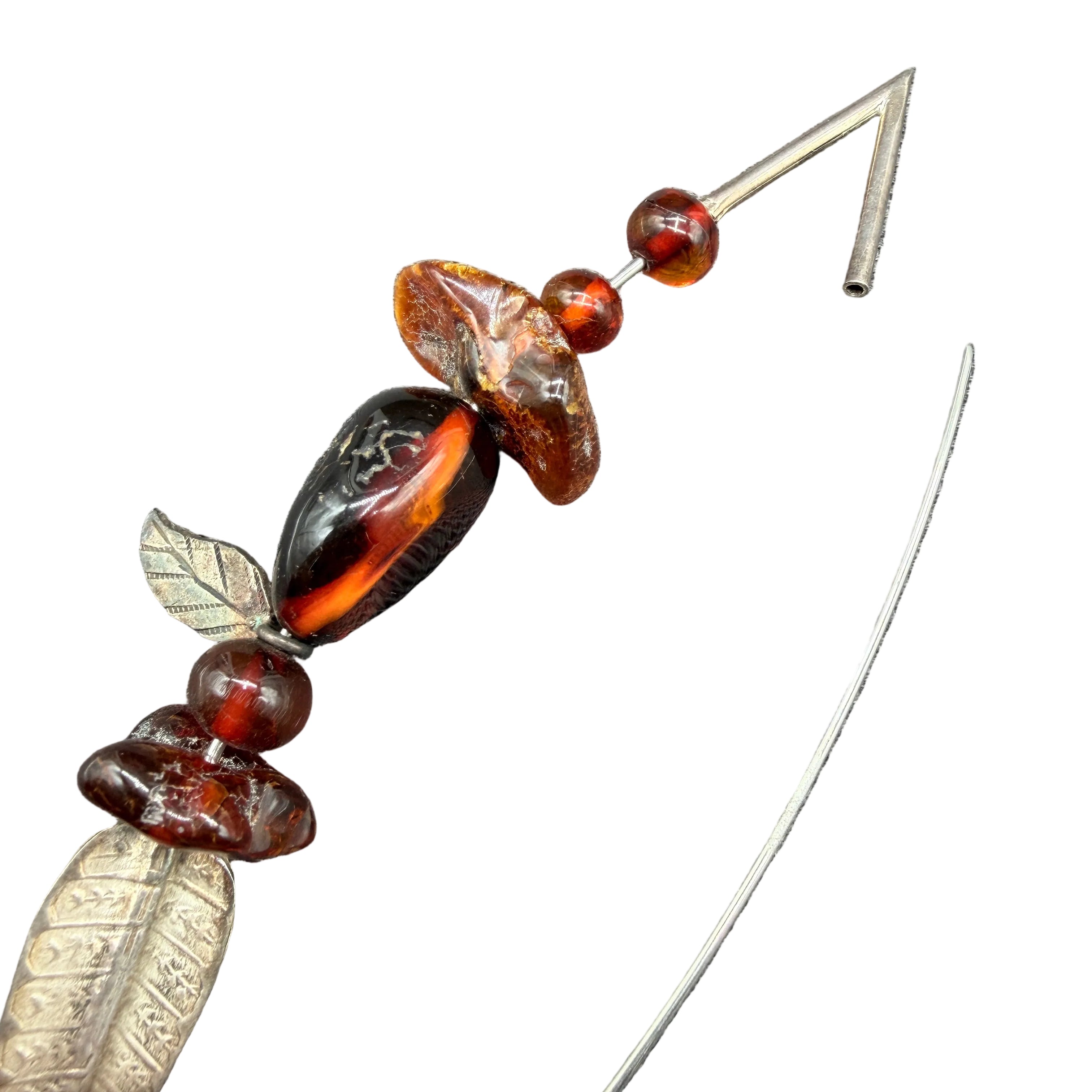1970s Danish Artisan Sterling Silver & Amber Brooch with Carved Leaves