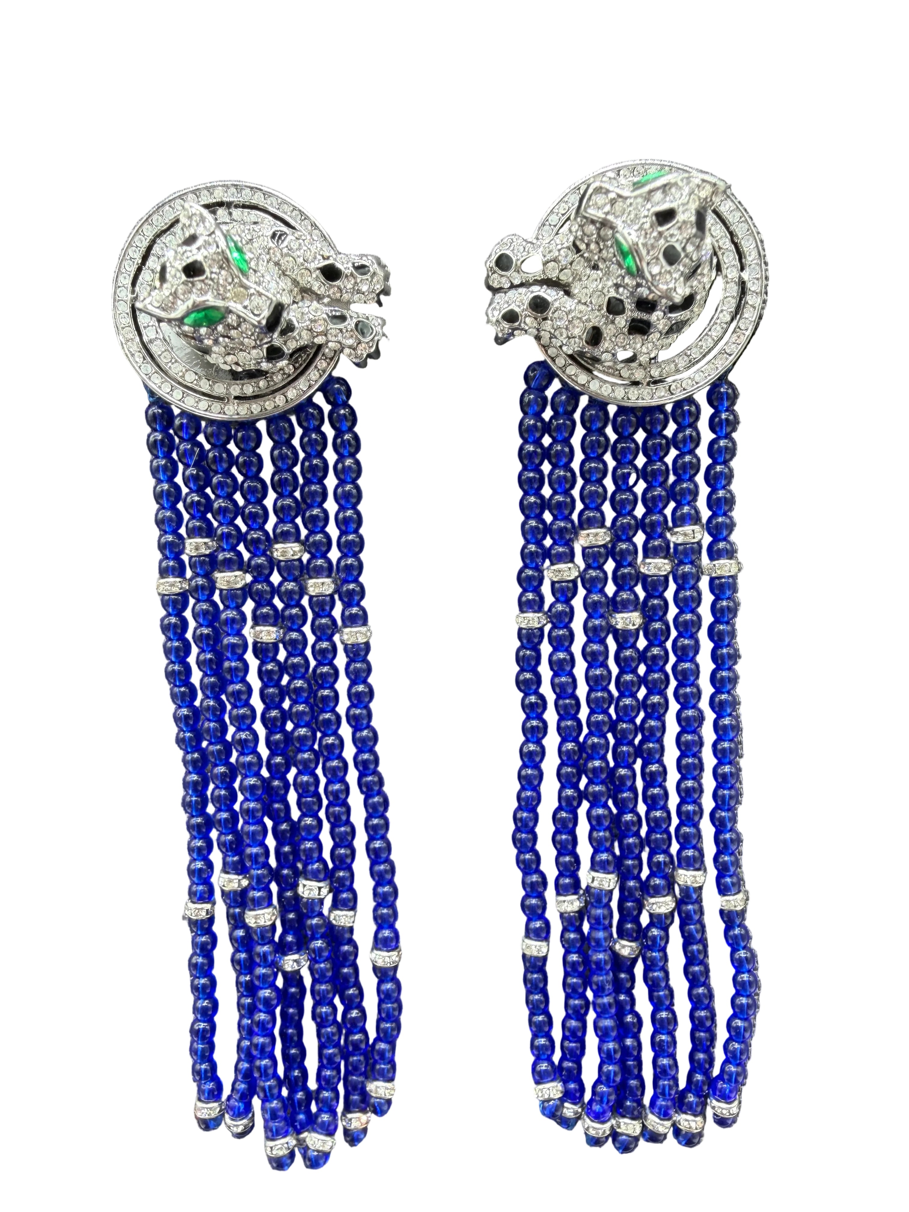 Catwalk Jon Statement Silver-Tone 3D Pavé Swarovski Crystal Cheetah Earrings with Cobalt Blue Glass Tassels