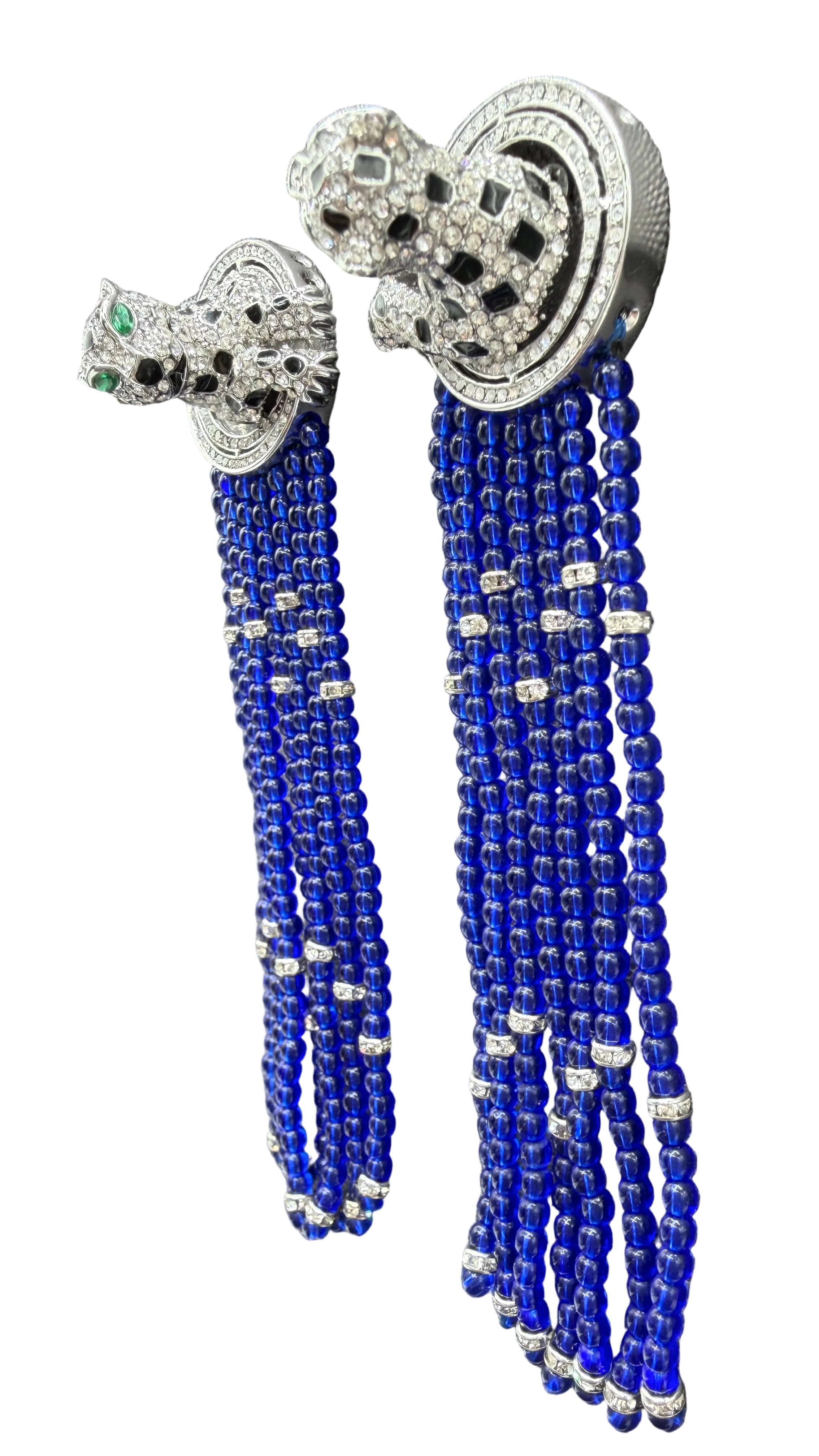 Catwalk Jon Statement Silver-Tone 3D Pavé Swarovski Crystal Cheetah Earrings with Cobalt Blue Glass Tassels