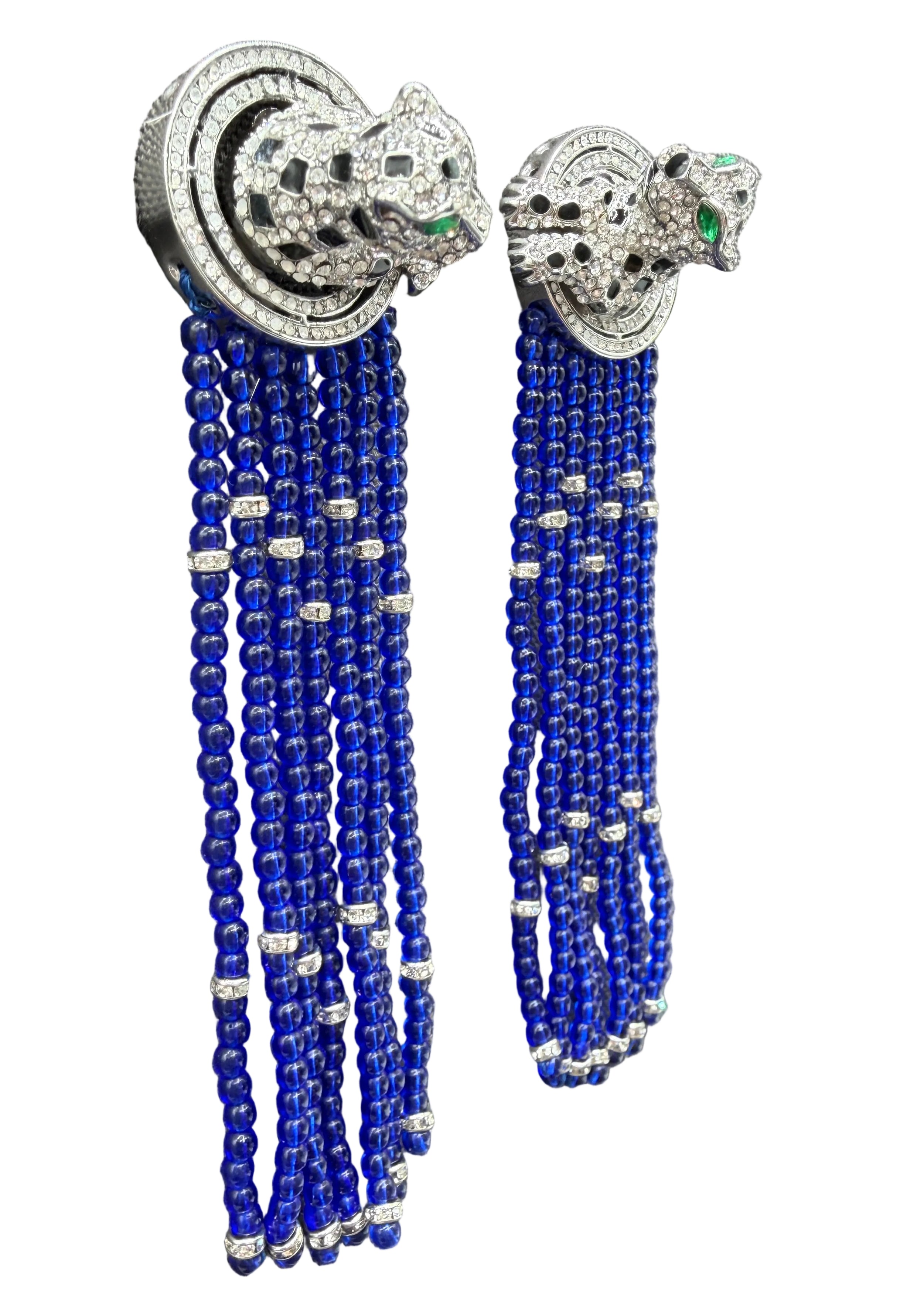 Catwalk Jon Statement Silver-Tone 3D Pavé Swarovski Crystal Cheetah Earrings with Cobalt Blue Glass Tassels